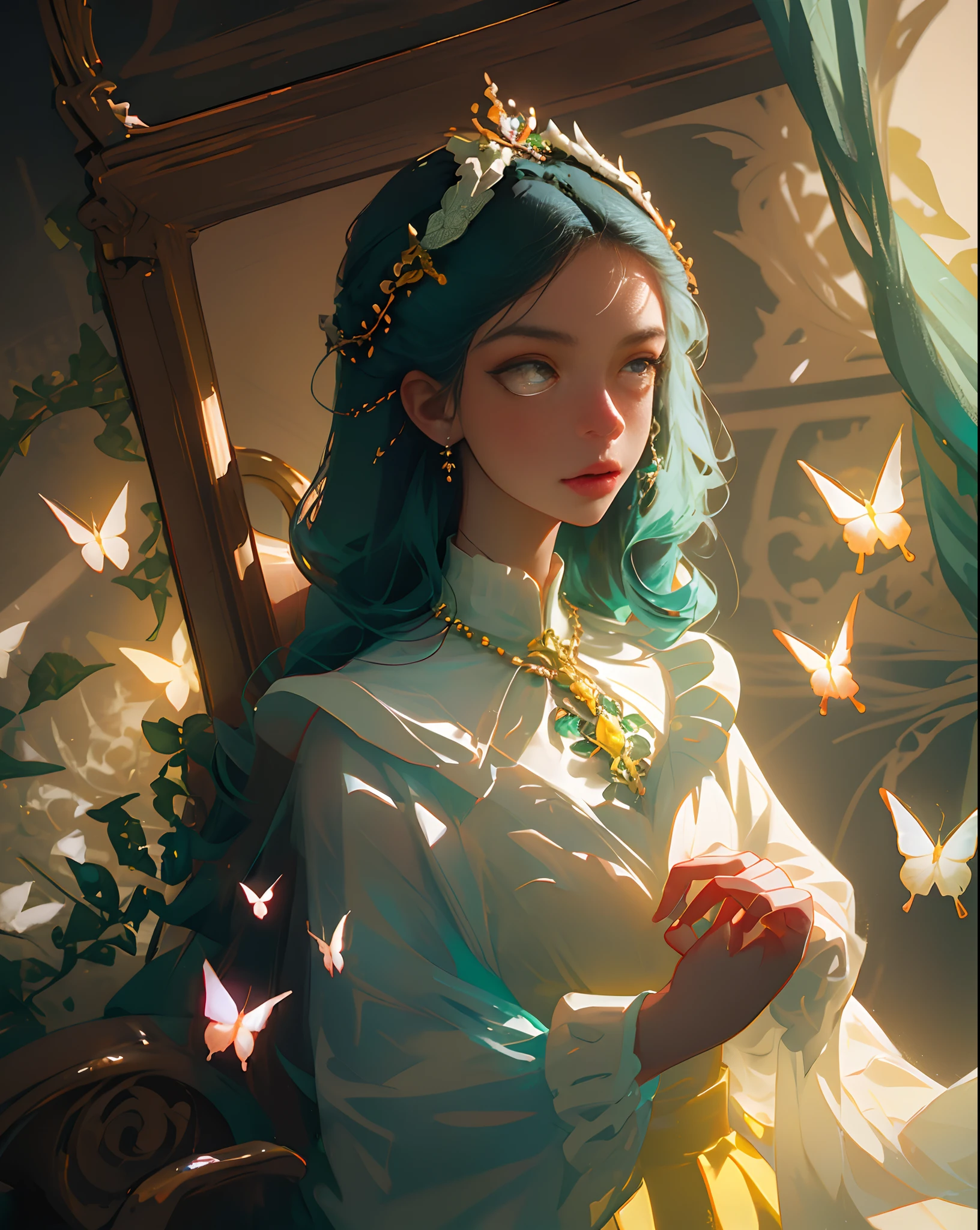 Flying butterflies，Fluttering petals，Fluttering hair，softlighting，soft focus，Hazy picture，Huge stained windows，The windows are transparent，1girll，Golden birdcage，Thorny vines，Red butterfly，mitts，（very intricate），Exquisite，Complex hairstyles，long  skirt，RococoStyle，Bow knot，Cross straps，Gorgeous dress，Large skirt，frilld，Love decoration，（Elegant vintage clothing design），rosette，whaite hair，long  white hair，The brightness of the picture is high，Low contrast，The overall feeling is like an oil painting，trpical garden，Close-up，Close-up Shot Shot，Pedras preciosas，jewelled headdress，pearls necklace