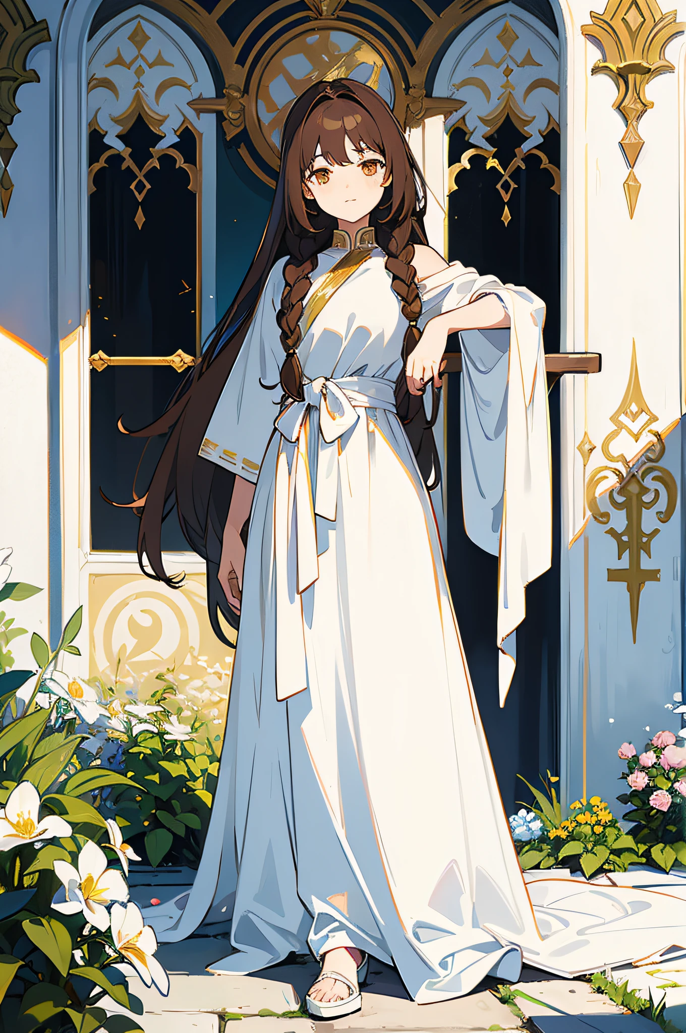 1 woman, (masterpiece, best quality:1.2), wearing white clothing, garden setting, dark theme, very long hair, waist length hair, braided hair on the left side, brown hair, golden eyes
