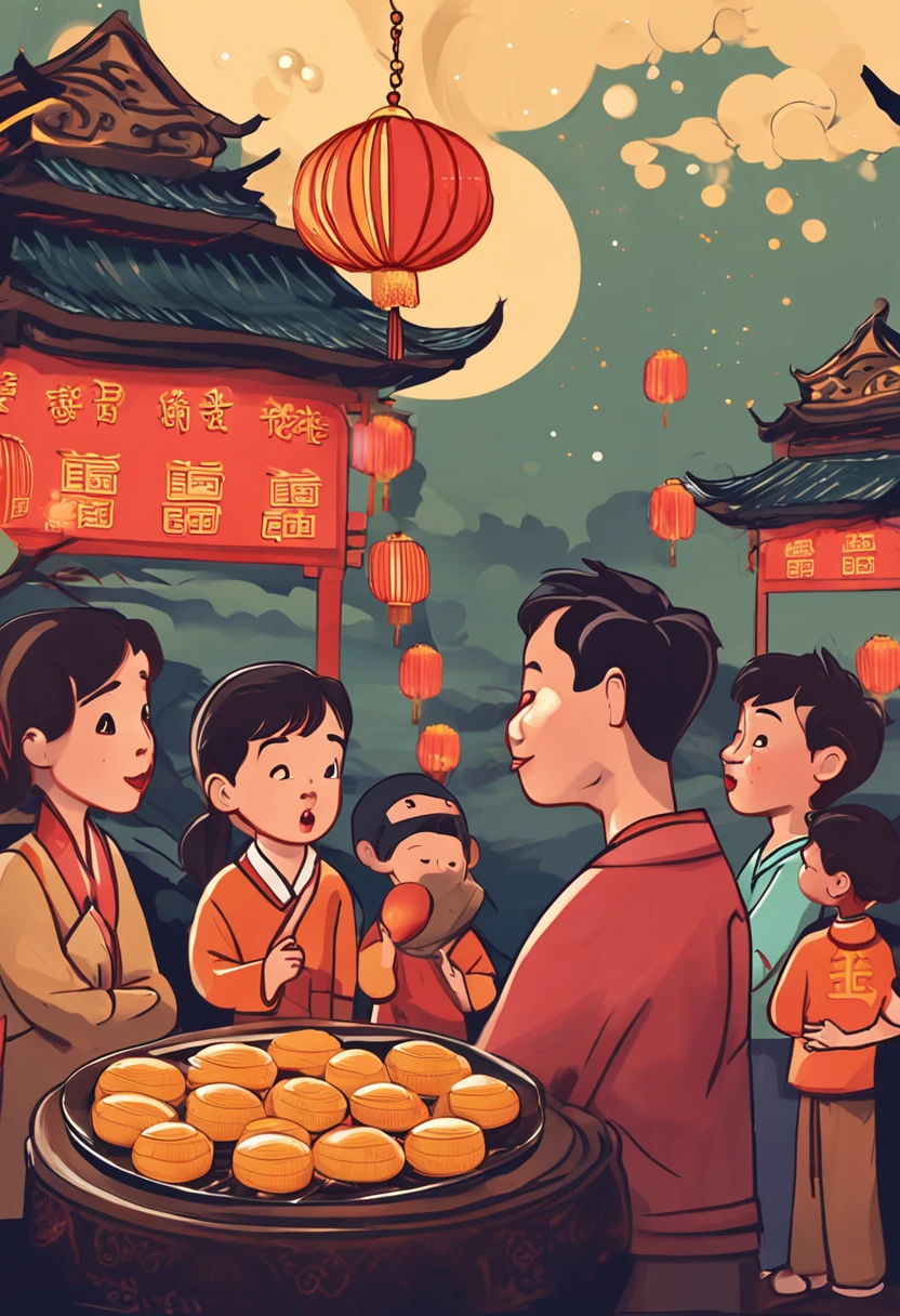 Chinese festival group member festival，A family watching the moon and eating mooncakes，Commercial shooting, Cantonese egg yolk mooncakes, Mooncake size, Mid-Autumn Festival poster, Fresh style background, elegant, Booth lighting, Attractive, photorealistic colors, Ultra HD