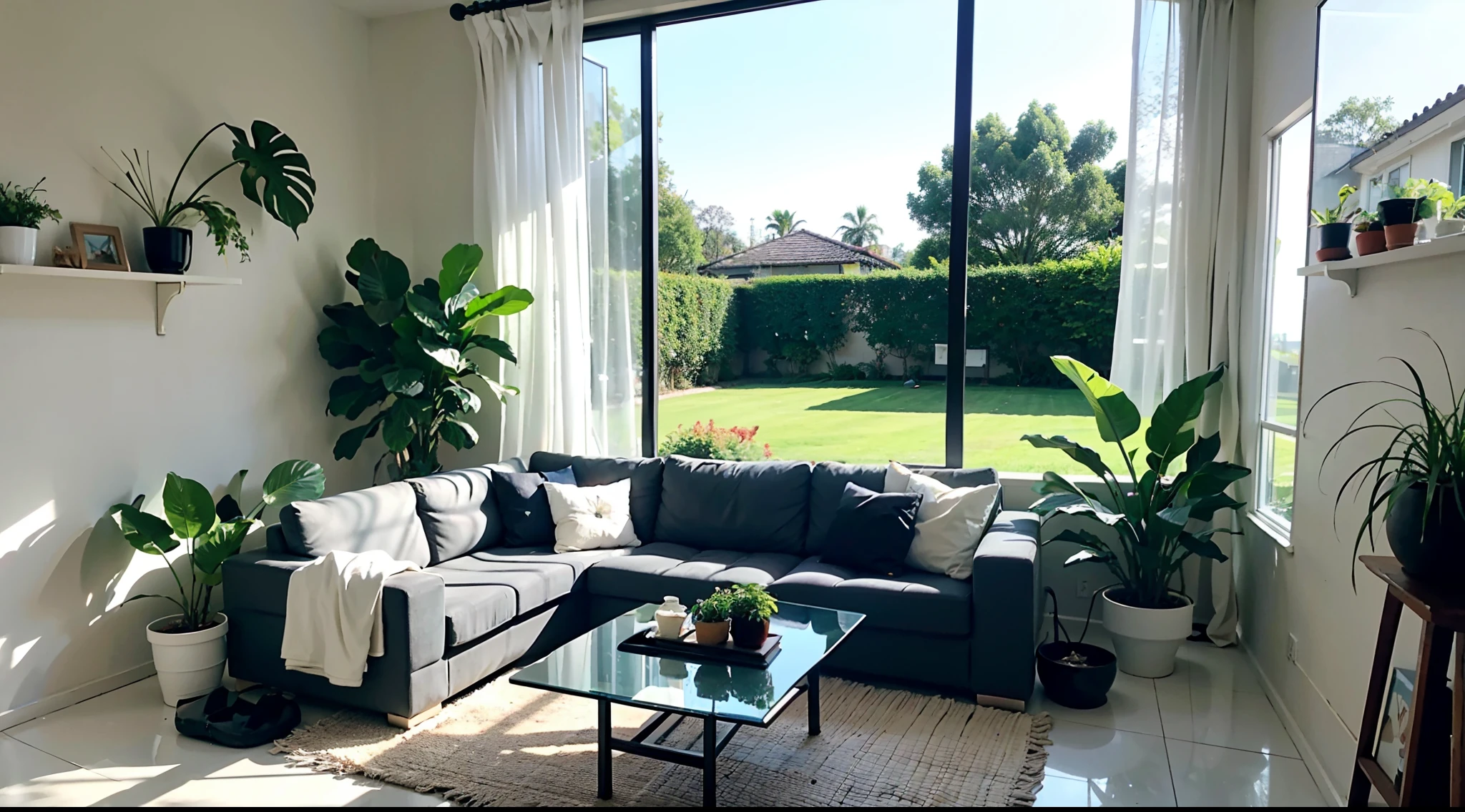 No Man, scenery, janelas, White gardenia jasmine, Light green curtains, A plant, a chair, Green cloth sofa, White table, vases, Sunshine, flower pots, sky, black shadows, indoor, black shadows, letterbox, Daytime, Plants in pots,Grass, Blue sky,cat, doll, ,Masterpiece, Best quality, anime big breast,Sitting, Blue eyes,