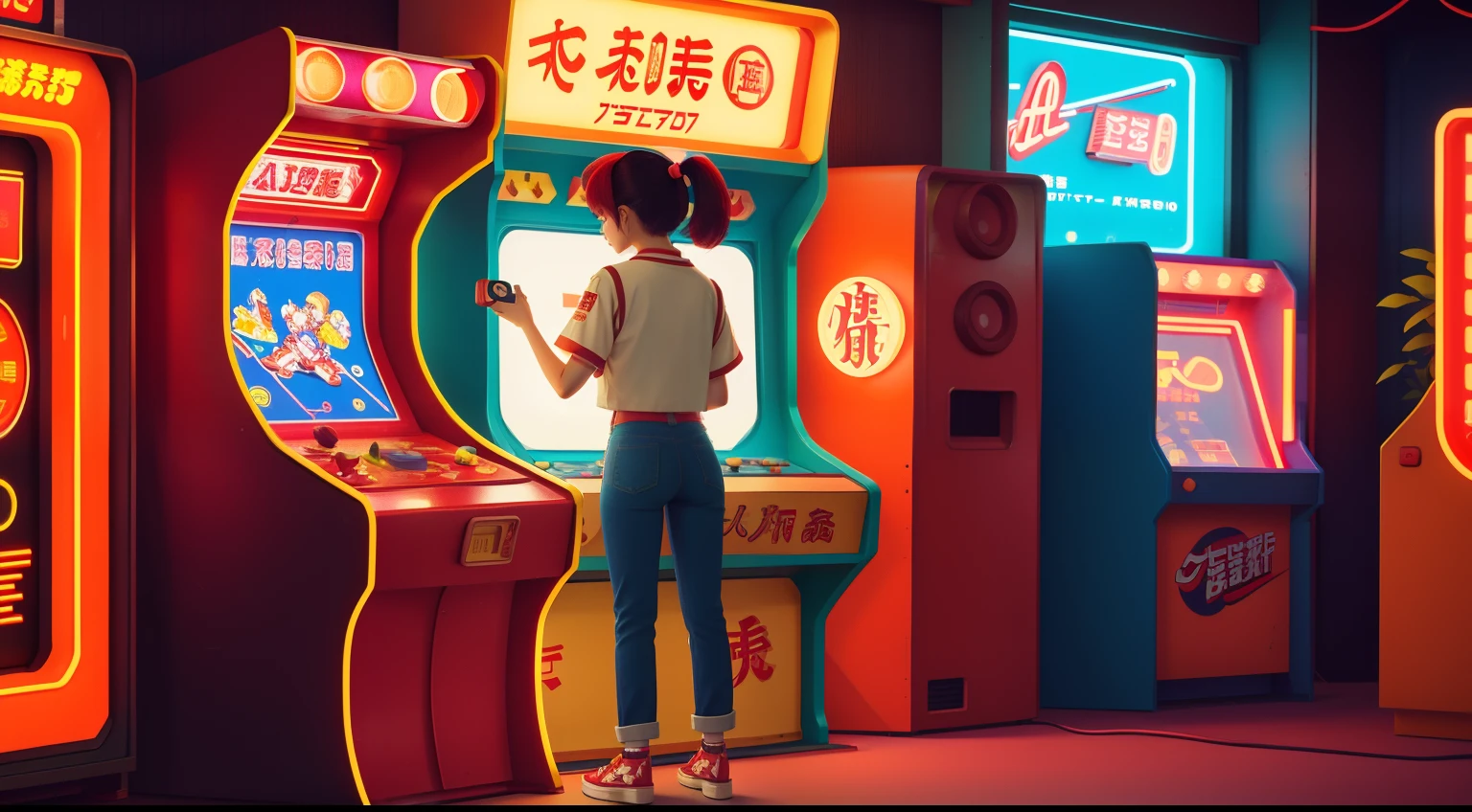 Date: 1976
Location: Tokyo, Japan
Description: In a retro Tokyo arcade, a teenager in flared jeans and platform shoes confidently dominates an old-school video game as neon lights add a vibrant glow.