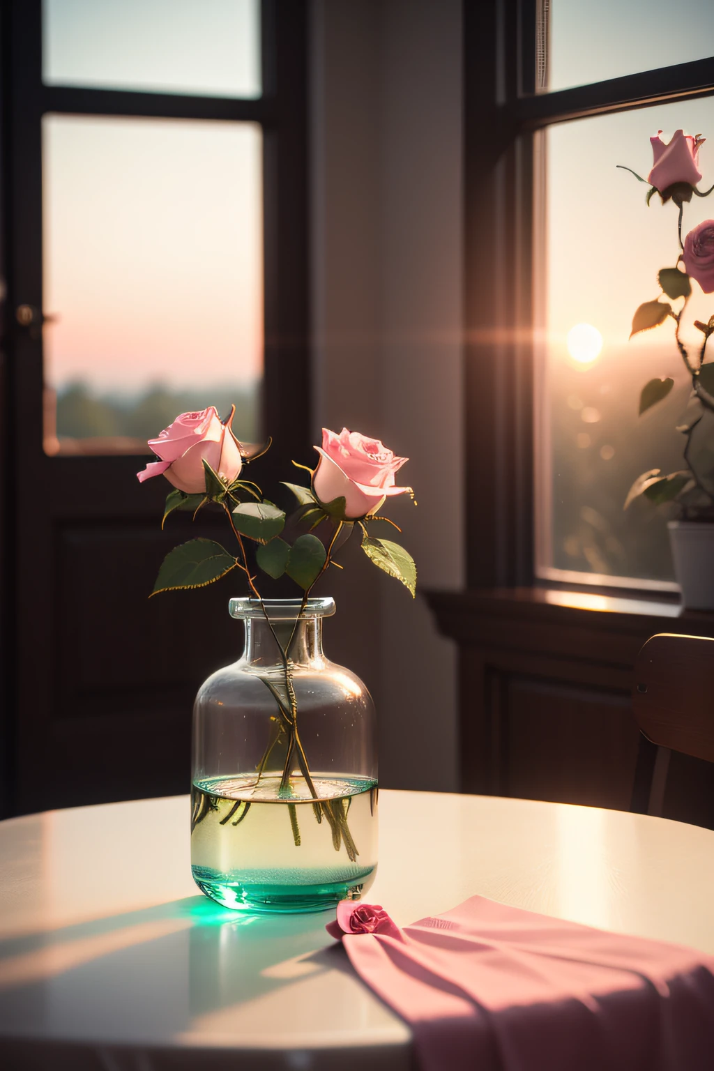 Close-up 50mm prime lens effect Room corner White ceramic bottle on dark table with pink roses with green leaves Focused on roses and vases The background is the afternoon sunset outside the blurred window