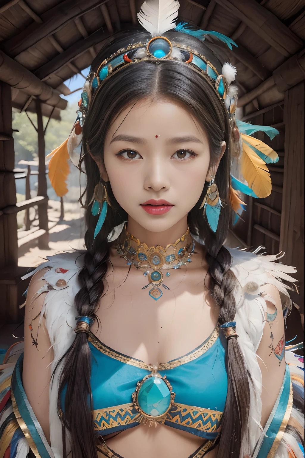 Cold girl，Keep one's mouth shut，bshoulders，Indian religious ceremonies，Brown skin wears a feather headdress，india woman， wearing crown of bright feathers, girl with feathers, Beautiful young woman shaman,Painted surface, she is dressed in shaman clothes, feathered headdress,Tattoo of the sternum, ornate headdress, Young female shaman, head gear, : Native American Shameon Fantasy, Central headdress,Painted surface.dark tanned skin,Clothes to wear