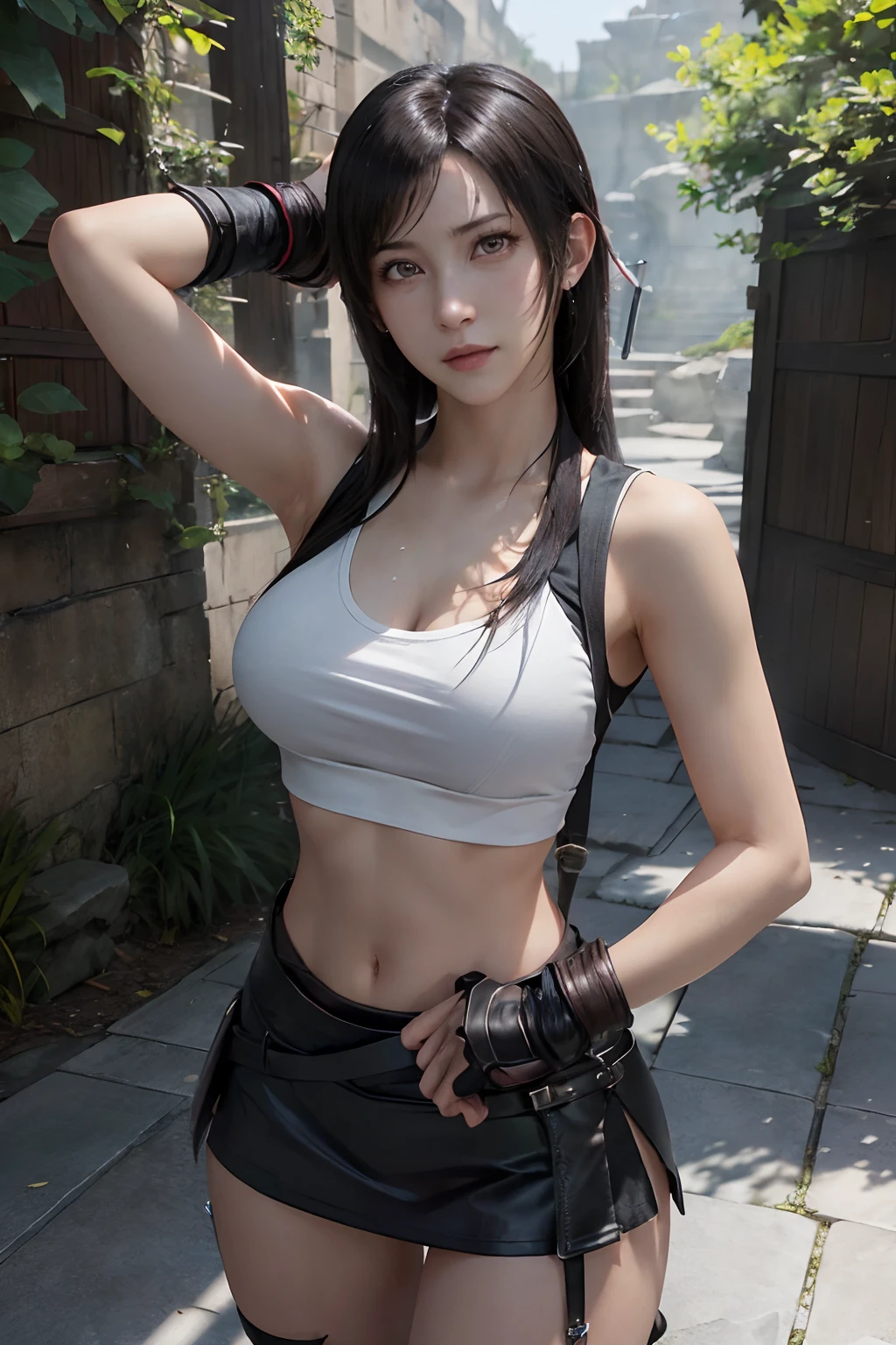 (NSFW),(Raw photo, Best Quality), (Realistic, Photorealsitic:1.2), 2girls, High quality, (highdetailskin:1.4), Colossal tits,Beautiful girl nature photo,Photorealsitic, Photography, path tracing, Specular lighting, Volumetric face light, Hair traced in the past, Visible shadows, Convoluted, Elaborate, one girls, (( Final Fantasy 7R,Tifa Lockhart)), Sunshine, A dark-haired, 爆乳, the perfect body, Black skirt, Wet white tank top, Full body,Sheer, sexually arousing, Sex Expressions, Functional, thighs thighs thighs thighs、