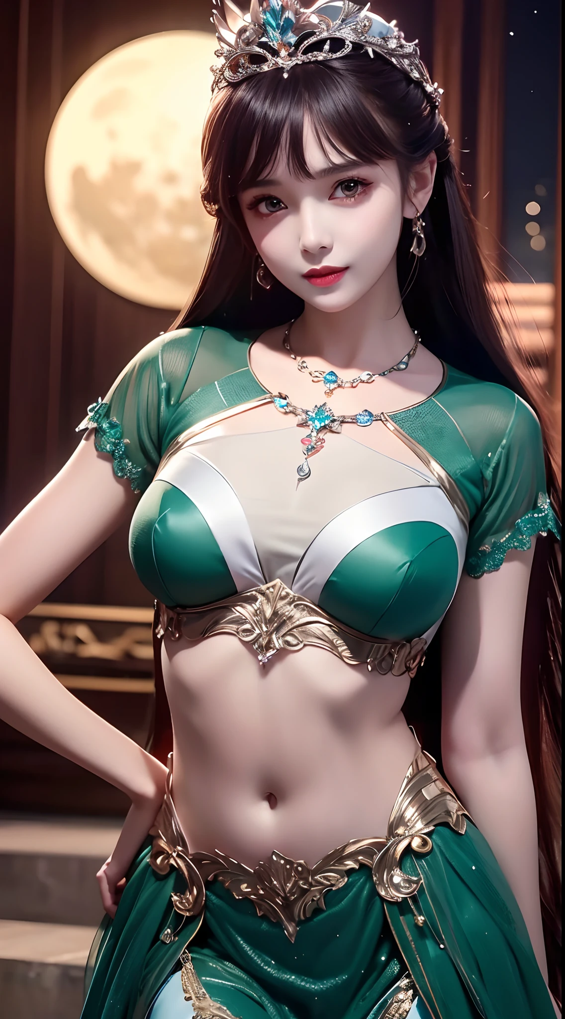 4K ultra hd, masterpiece, a cute girl, long hair, princess hairstyle, princess dress, dark green crystal dress, bare stomach, lace, necklace, princess hat, moon background,