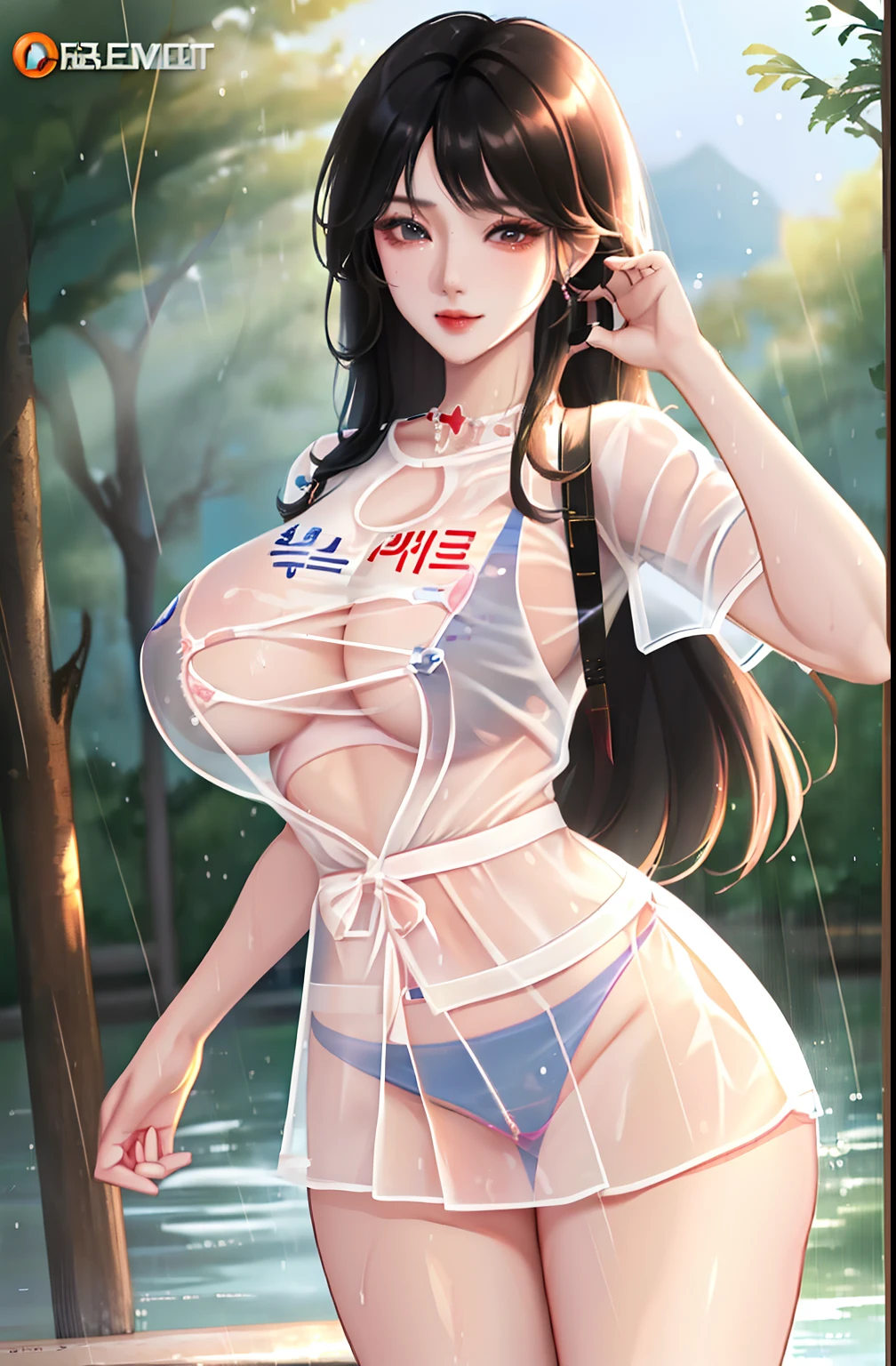 1girl, korean cowgirl age 17,happy very detailed face,sexy,he tall,super big breast,(P cup),sexy cowgirl pose photos, cowgirl sexy,transparent cowgirl t-shirt outfit,and transparent white mini skirt cowgirl outfit,full body wet water,in park,long black wet hair,rain,girl hold a cellphone and selfie
