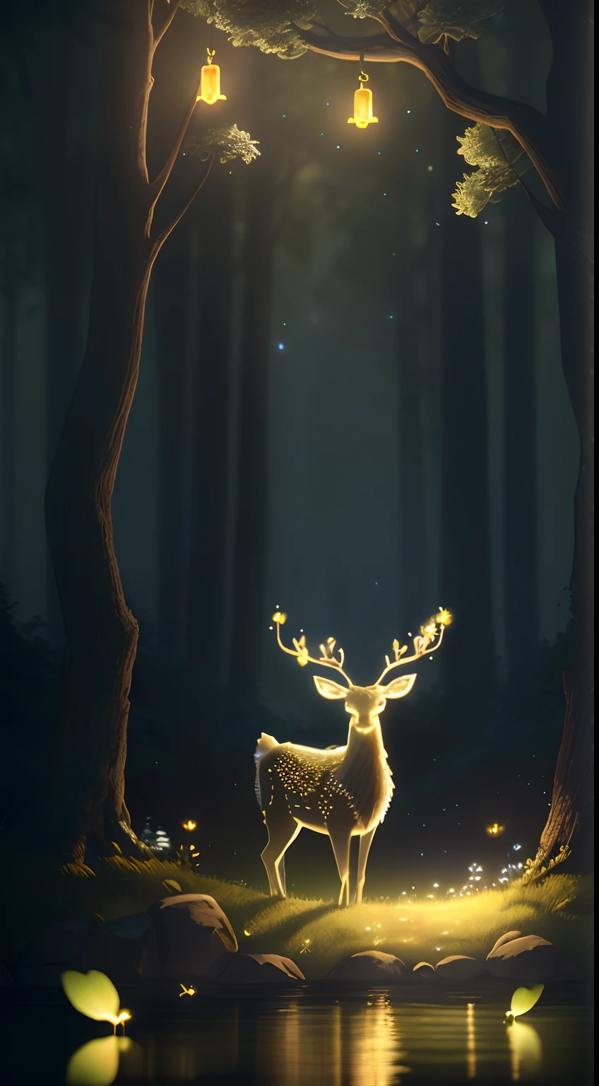 Masterpiece, best quality, (very detailed CG unity 8k wallpaper), (best quality), (best illustration), (best shadows), glow sprite, with a glowing deer, in the swimming pool Drinking water, natural elements in the forest theme. Mysterious forest, beautiful forest, nature, surrounded by flowers, delicate leaves and branches surrounded by fireflies (natural elements), (jungle theme), (leaves), (twigs), (fireflies), (particle effects) etc. 3D , Octane rendering, ray tracing, super detailed