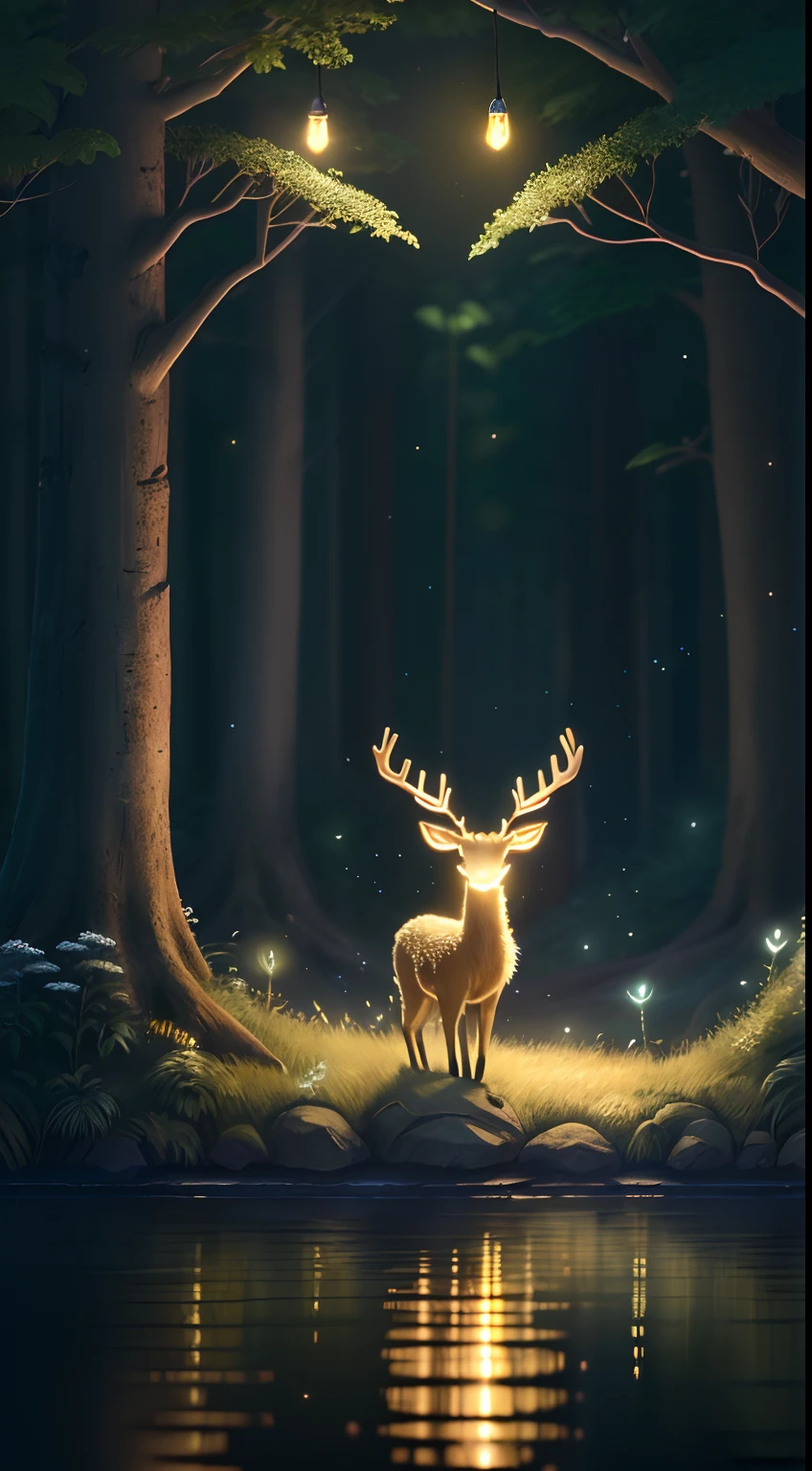 Masterpiece, best quality, (very detailed CG unity 8k wallpaper), (best quality), (best illustration), (best shadows), glow sprite, with a glowing deer, in the swimming pool Drinking water, natural elements in the forest theme. Mysterious forest, beautiful forest, nature, surrounded by flowers, delicate leaves and branches surrounded by fireflies (natural elements), (jungle theme), (leaves), (twigs), (fireflies), (particle effects) etc. 3D , Octane rendering, ray tracing, super detailed