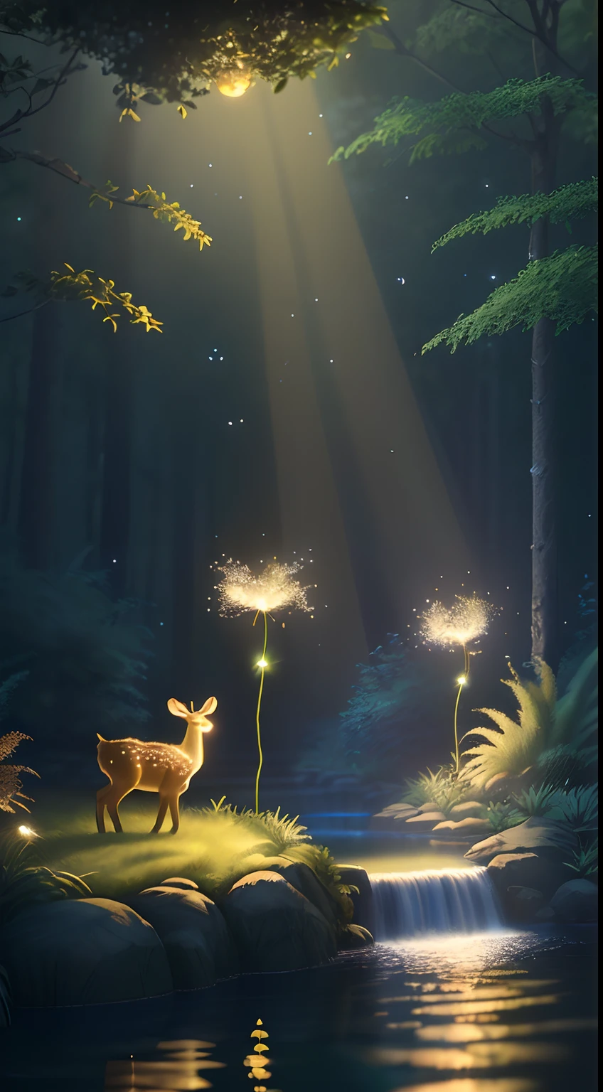 Masterpiece, best quality, (very detailed CG unity 8k wallpaper), (best quality), (best illustration), (best shadows), glow sprite, with a glowing deer, in the swimming pool Drinking water, natural elements in the forest theme. Mysterious forest, beautiful forest, nature, surrounded by flowers, delicate leaves and branches surrounded by fireflies (natural elements), (jungle theme), (leaves), (twigs), (fireflies), (particle effects) etc. 3D , Octane rendering, ray tracing, super detailed