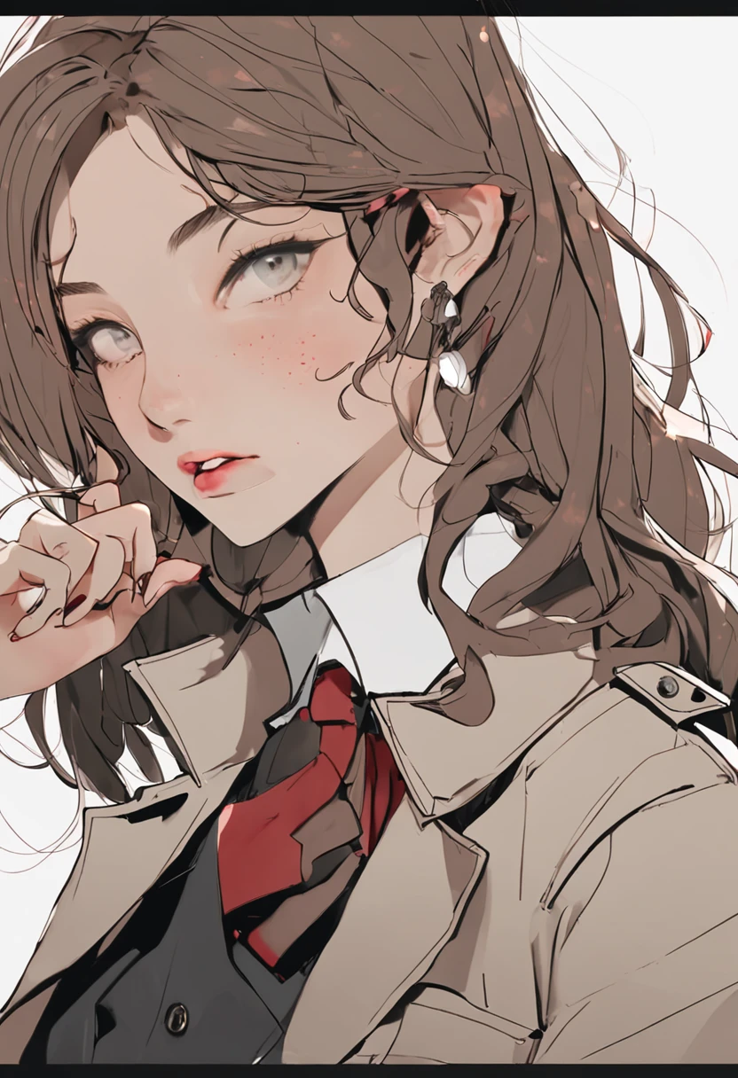 The long, Red wavy curls pulled back into a low bun Light green eyes Light skin,The face is covered with freckles and wears a classic tanning trench coat,Coat, buttoned white shirt and black trousers, black oxford shoes always wearing a silver watch and small earrings ::n_Style drawing, Low-quality defects, doll, gaming console, anime big breast