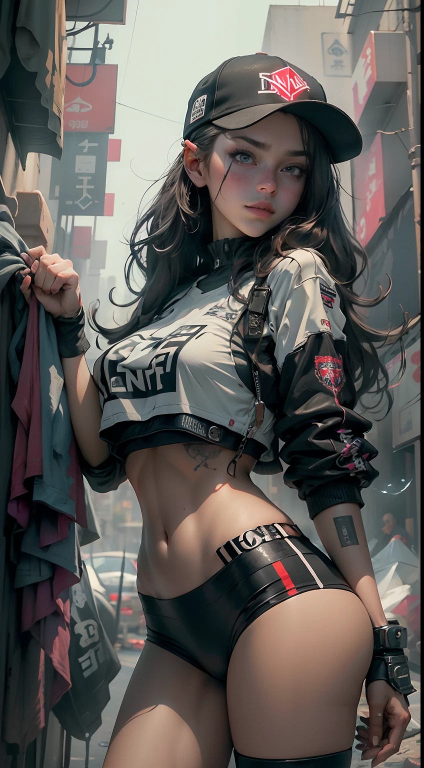 tmasterpiece，best qualtiy，8k wallpaper，The is very detailed，illustratio，（perfect bodies：1.1）, 1个Giant Breast Girl, dual horsetail，baseball cap，Cyberpunk-inspired short outfits, Lateral face, disdain