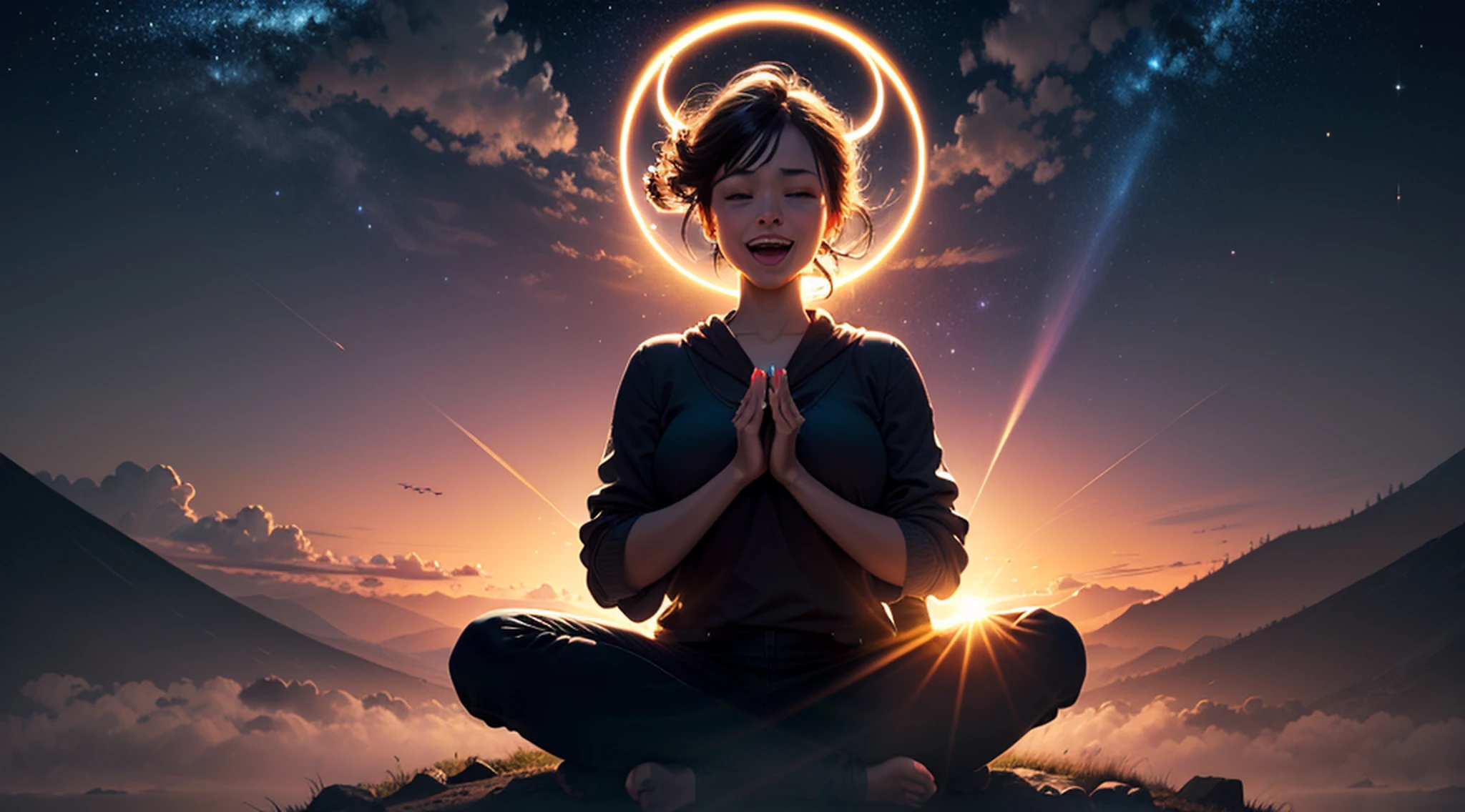 Surrounded by a golden circular halo, Zen meditating woman, Frontal image of the vista, (siluette:1.5), Huge full moon background, clouds, lifelike texture, (happy laughing:1.14), (extremely detailed CG unity 16k wallpaper:1.1), starry sky, ((ultra-detailed)), cinematic angle, beautifully detailed sky, cinematic lighting, (bloom), drop shadow, (backlighting:1.5), panorama, wide shot, (((best quality))), (((masterpiece)))