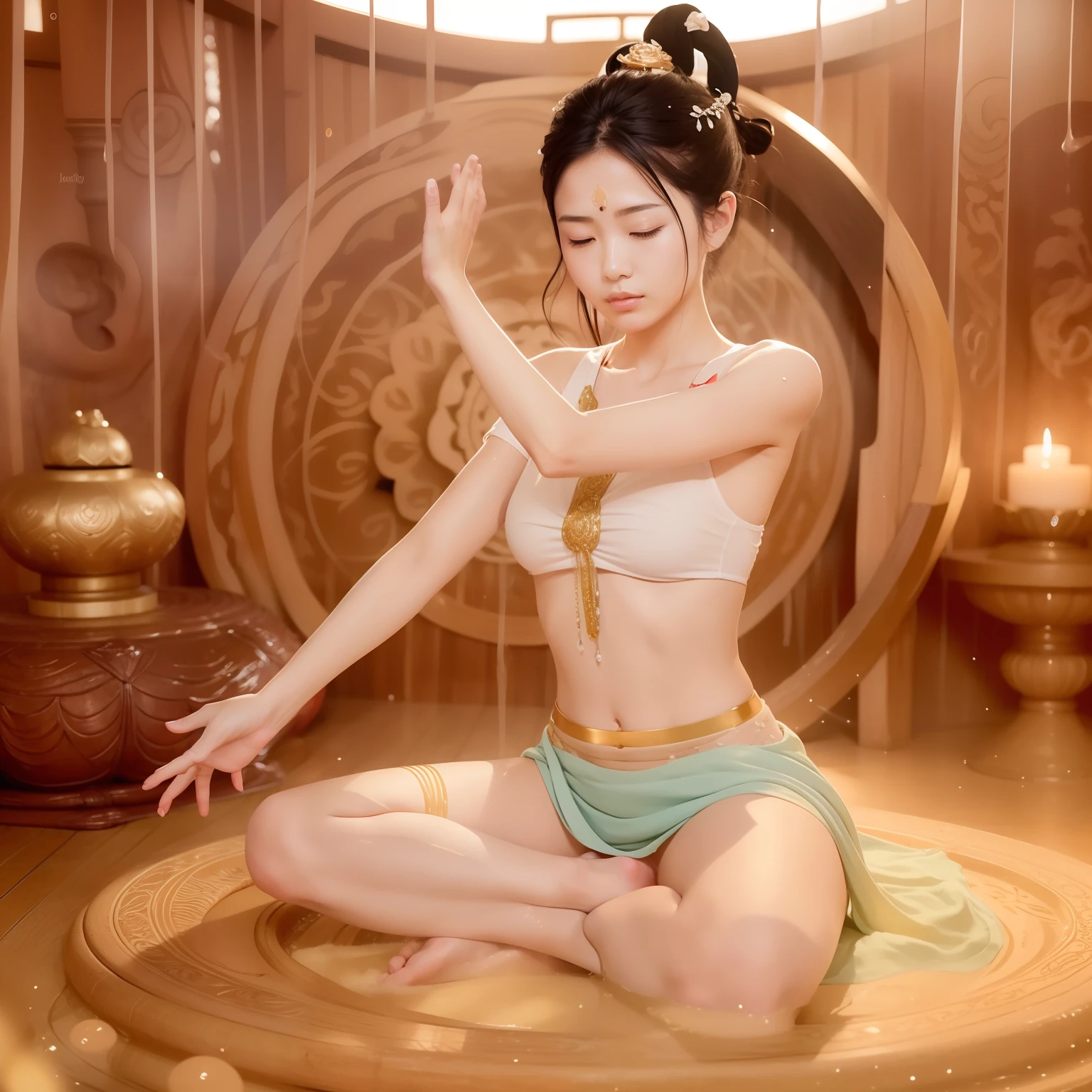 Zen naked beauty drenched in sweat doing yoga lotus sitting meditation in a mucus chamber,(complete,Delicate and good-looking face)