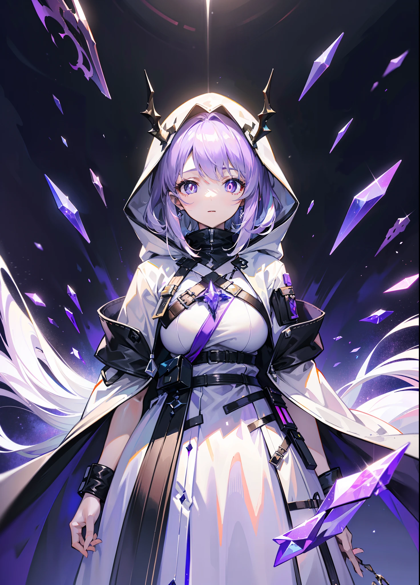 (tmasterpiece,best qualtiy,style of anime,a sense of atmosphere,higher details,cg render,Standing painting,Ray traching,From Arknights,sci-fy)(whaite hair,long white hair,Purple pupils,White hooded cape,Cover the whole body,Non-juveniles)(The background is a huge purple space)(There are purple crystals around)