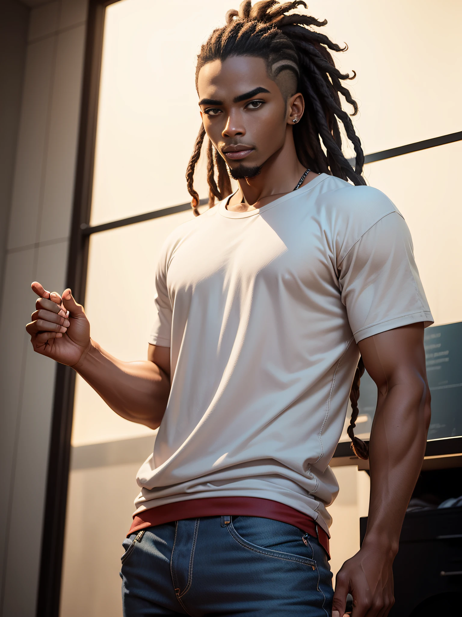 (superfine illustration, Best Quality, Ultra-detailed, :1.5), (African male, black skin, tall:1.3), (male focus, solos, Perfect fingers, Perfect hands, male body:1.5), Capoeira, 25 years old, (suntan:1.5), (long bottoms, oversized casual wear:1.3), dreadlock, male hair, messy hair, no sidelock, ponytail, hair pulled back, male face, male eyebrows, sharp eyes, sharp nose, forehead, dynamic angle,