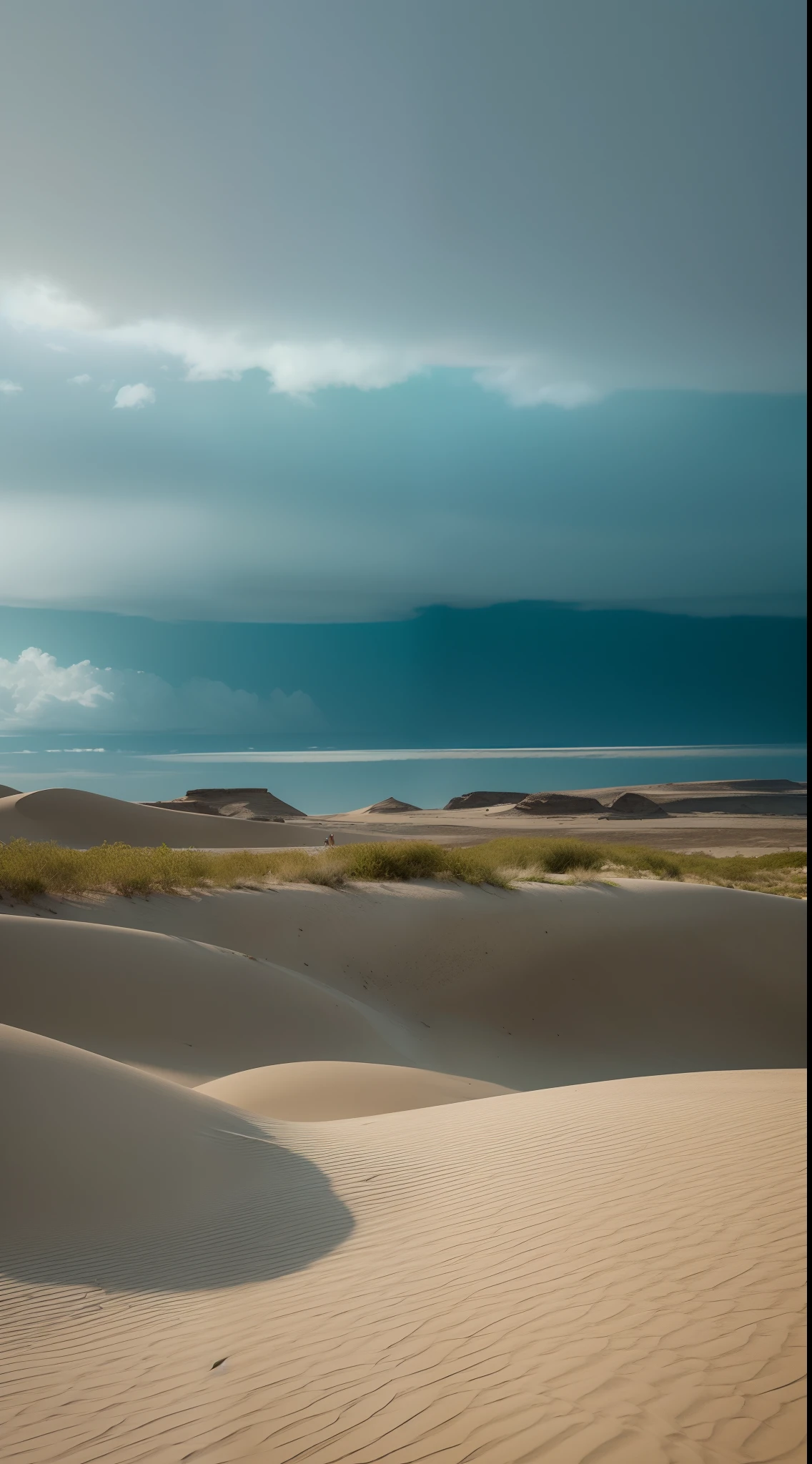 The sky is full of dark clouds,The clouds are all over the sky,Lightning,The sky is dark and dark,Tall white sand dunes,There is a small green desert oasis in front of you,undershrub,Tall white sand mounds,A group of white sand dunes,high-definition photograph,8K