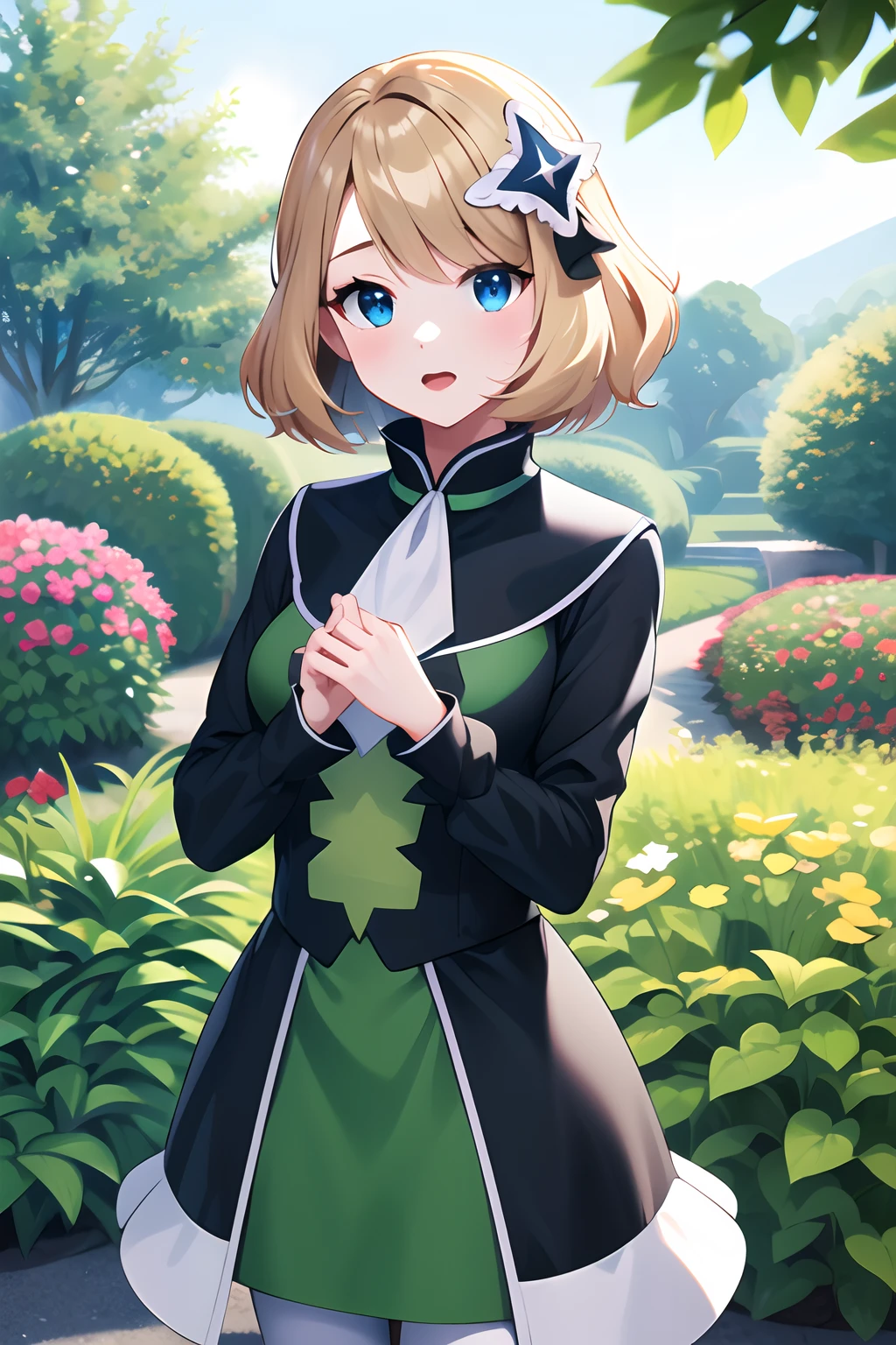 masterpiece, best quality, highres, serena \(pokemon\), short hair, blue eyes, 1girl, solo, white pantyhose, hair ornament, long sleeves, blue eyes, bangs, ribbon, multicolored_dress, black dress, green dress, hair ribbon, white ascot, black ribbon, town, garden, stading,