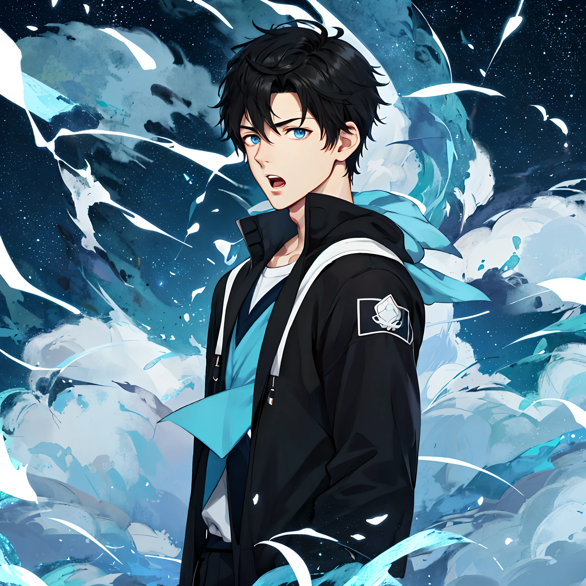 the night，darkly，Background of magical starry sky，The anime boy looked surprised，white short sleeve，Sporty wind，open open mouth，The eyes are terrified，male anime character, Kawasi，best qualtiy：1.0），（超高分辨率：1.0），Anime boys，with short black hair，blue color eyes，full bodyesbian，Faraway view，