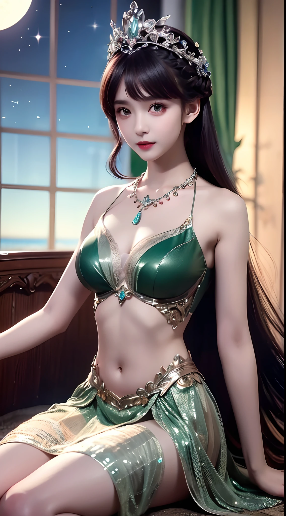 4K ultra hd, masterpiece, a cute girl, long hair, princess hairstyle, princess dress, dark green crystal dress, bare stomach, lace, necklace, princess hat, moon background, sitting,