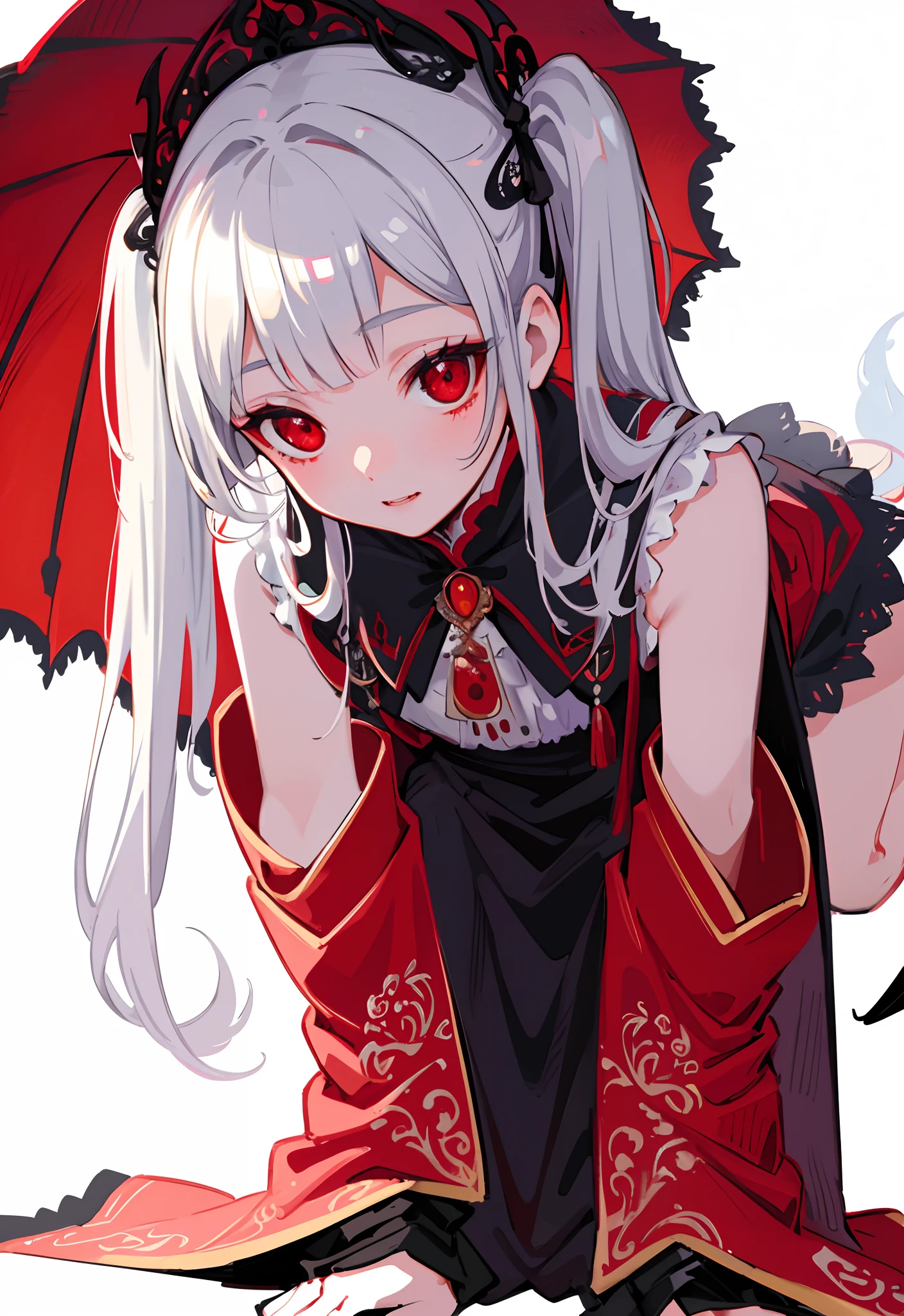 tmasterpiece，Best quality at best，astounding，Intricate and refined delicate details，Very detailed cute illustration，Very detailed cute wallpaper，high-resolution illustrations，dramatic angles，white background，full body，
独奏，white Pigtail，Blood red eyes，Vampires