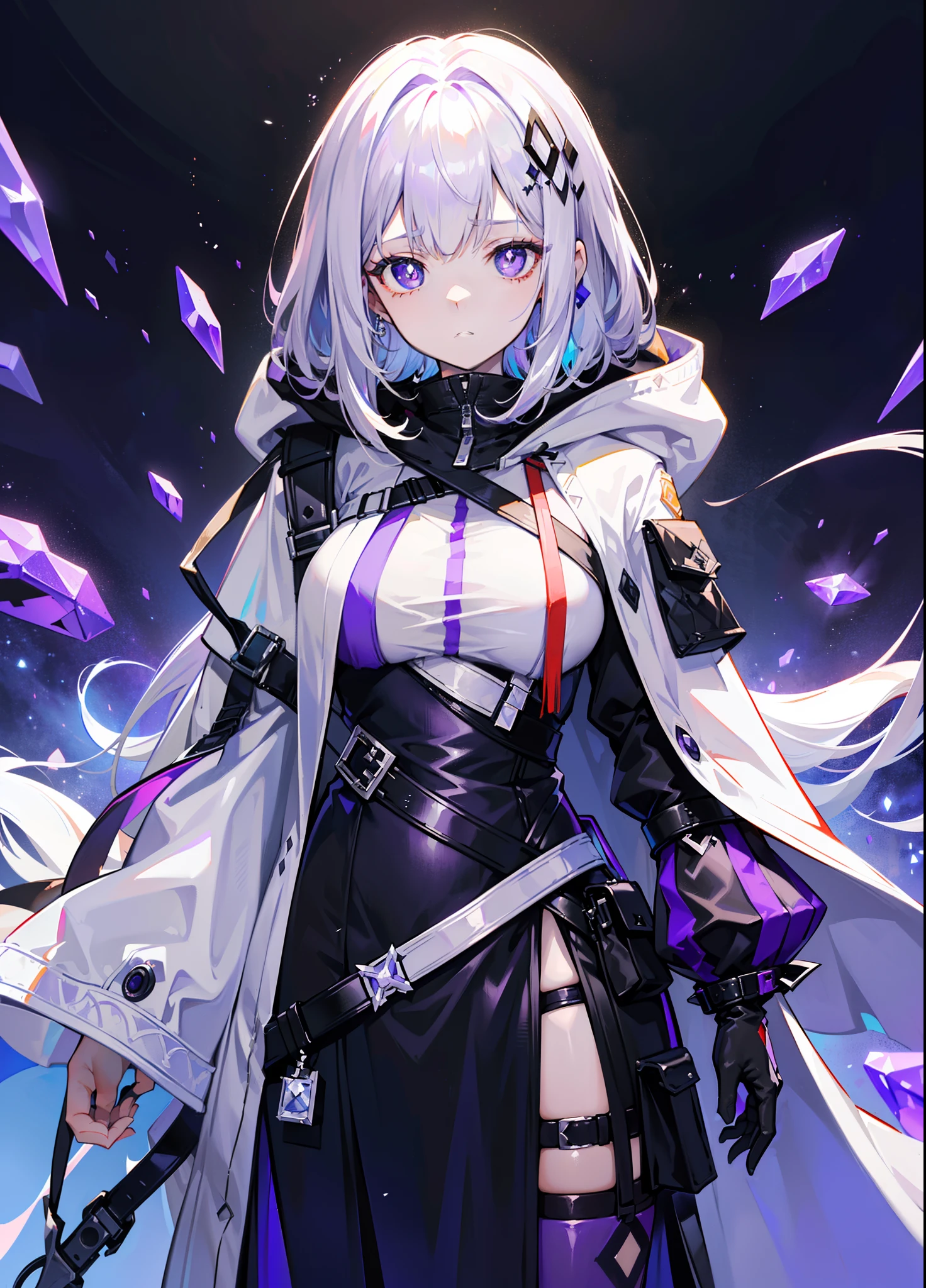 (tmasterpiece,best qualtiy,style of anime,a sense of atmosphere,higher details,cg render,Standing painting,Ray traching,From Arknights,sci-fy)(whaite hair,long white hair,Purple pupils,White hooded cape,Cover the whole body,Non-juveniles)(The background is a huge purple space)(There are purple crystals around)