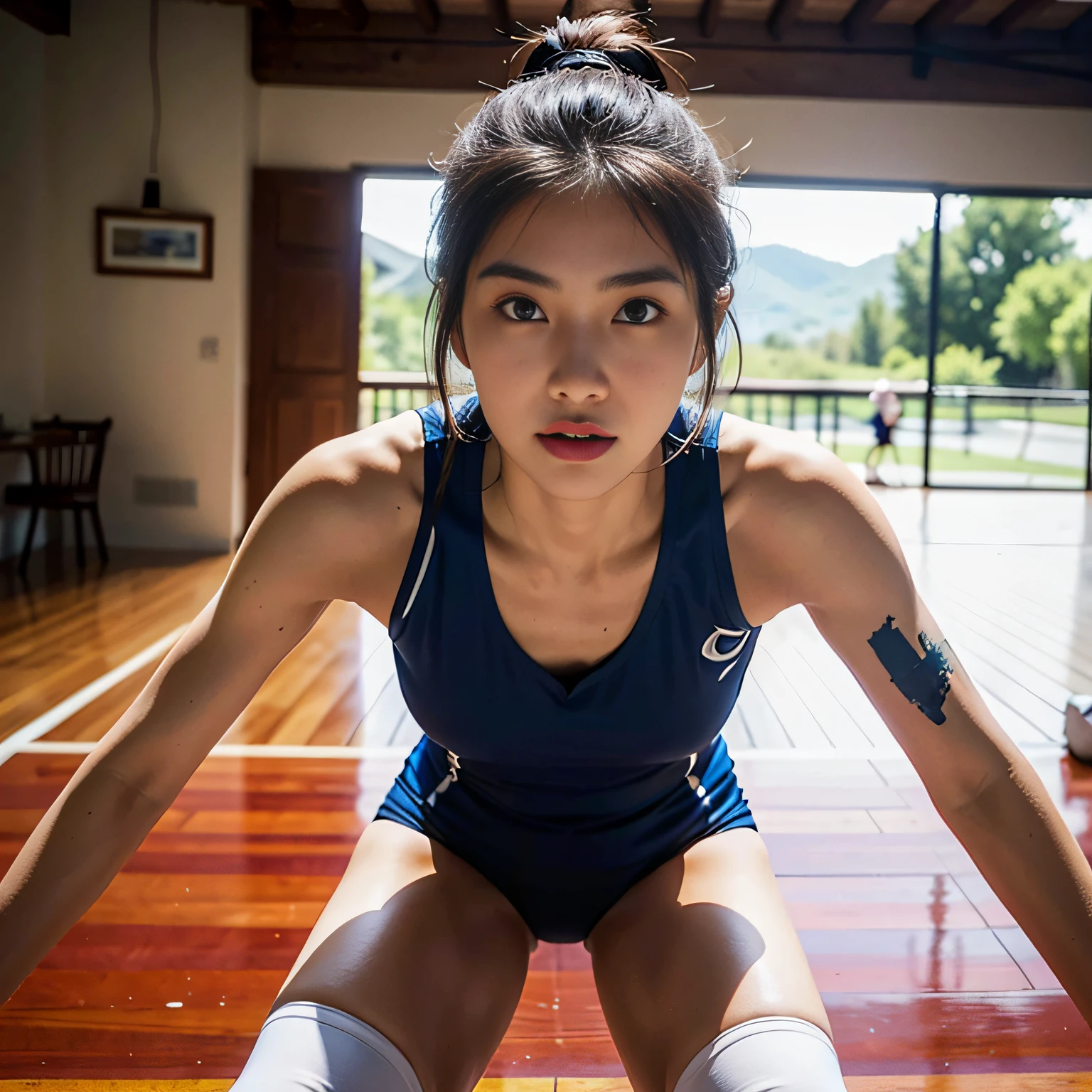 ((tmasterpiece, best qualtiy)),A highly detailed,8K,Realistic focus,intricated details,Big chinese girl,Female volleyball players,Women's Volleyball Uniforms,Wearing the number 9 shirt,Socks on the knee,(((Volleyball court))),A tall man,Long leg,Pony tail,cocked ass,(((Small breasts))),pectorals,Open your clothes,Exposing your breasts,Look at the chest,Nipple view,Sturdy body,Sexy and sturdy,Detailed abs,Detailed muscle lines,nipplestits,dynamicposes,Greasy body,Sweating body,Normal body proportions,Normal face,Normal hands,frontage,fully body photo,Tall images,look from bottom to top,Down from the bottom,