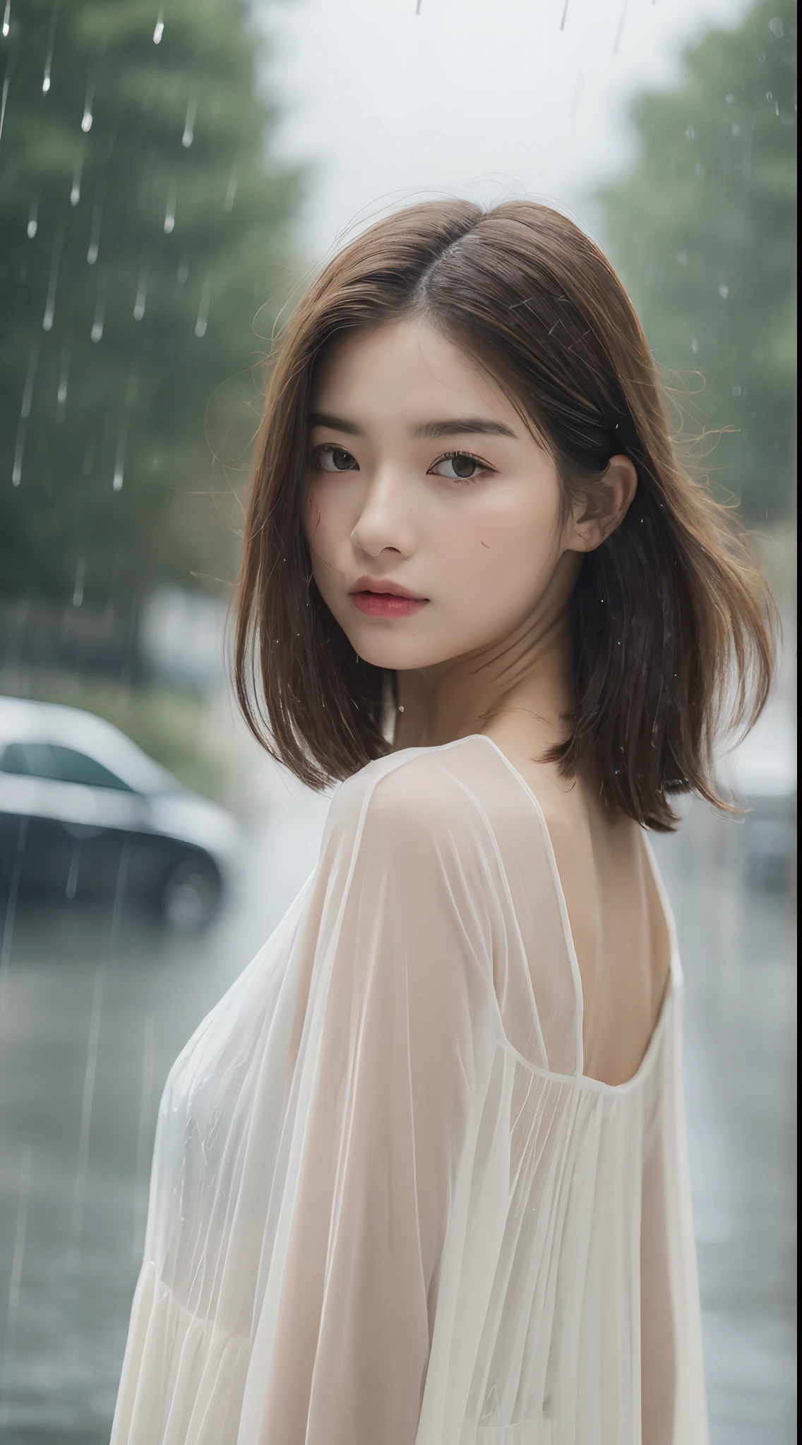 ((Best Quality, 8K, Masterpiece:1.3)), Focus:1.2, Perfect Body Beauty:1.4, Buttocks:1.2, (Layered Haircut:1.2)), (Rain, Street:1.3), Bandeau Dress:1.1, Highly Detailed Face and Skin Texture, Delicate Eyes, Double Eyelids, Whitened Skin, Long Hair, (Round Face: 1.5)