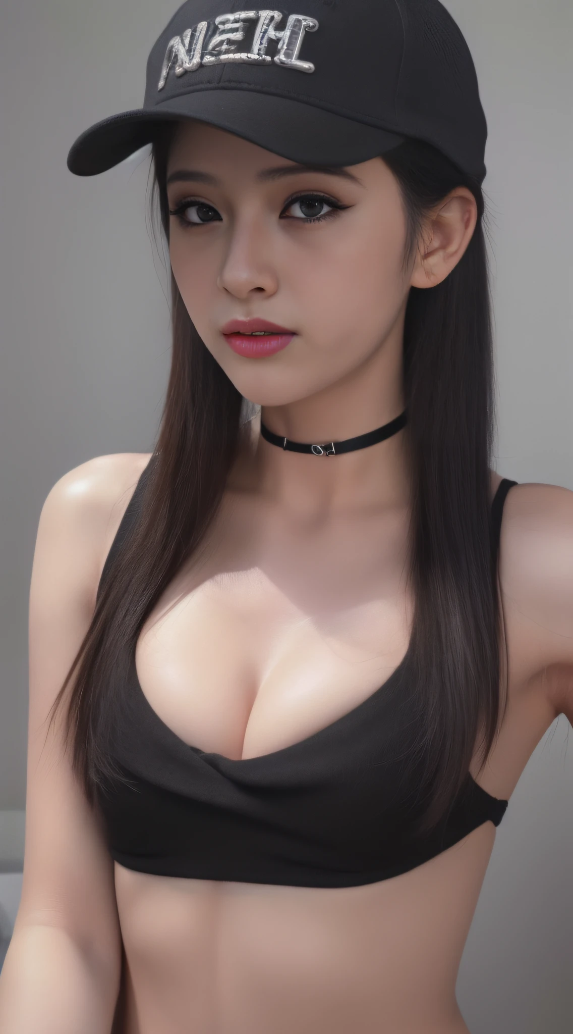 Realistic, Perfect Anatomy, Purple, eye make up, Black, Baseball Cap, , Choker, Good Hand,4K, hight resolution, masutepiece, Best Quality, finely detailed skin, Sharp Focus, 鎖骨, Cinematic lighting [:(Detailed face:1.2):0.2], Small breasts, cleavage, shiny eyes, Looking at Viewer, ((Puffy eyes)),