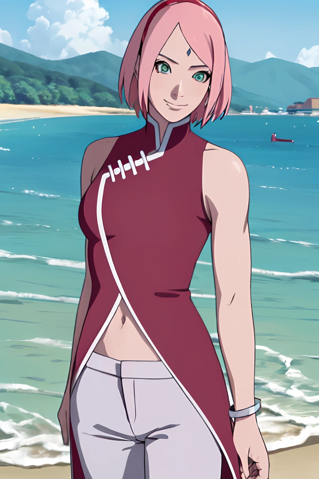 masterpiece, 1k, portrait, face shot, professional artwork, detailed beach background, intricate details, colorful, digital blending, (ultra detailed body, ultra detail hair, ultra detail face), trending on pixiv, kind smile, very hot color, best quality, anime style: 1.9, 1girl, hires, haruno sakura, (forehead mark, milf, red hairband, pale skin, short hair, ((red sleeveless dress), white pants), navel, groin, bracelet, pink hair, green eyes, smile, beach, wind, floating hair, detailed arms, off-shoulders, slightly muscular arms, standing)
