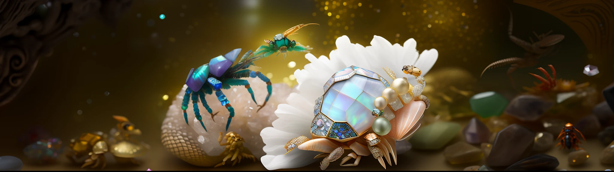 On the table is a statue of a dragon and a bird, hermit crab titan, crustacean, embedded with gemstones, Gemstones and treasures, elephant - crab creature, lots of diamonds unearthed, diorama macro photography, opal statues adorned in jewels, crystalized scales, Realistic depiction, mkscorpion, corals are gemstones, transparent carapace