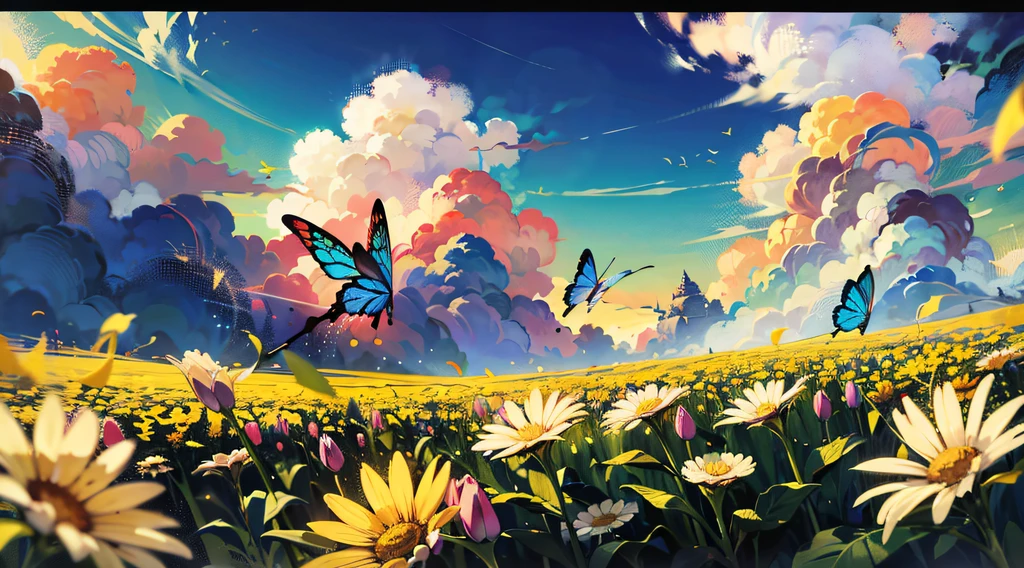 (Mono Color:0.9),(a color:1.1),(tmasterpiece:1,2), best qualtiy, tmasterpiece, High- sharpness, Original, extremelydetailedwallpaper,From the picture, We can see the trees on the shore towering into the clouds,The branches are full of flowers,Flocks of butterflies dance among the flowers,In this garden-like world,It looks even more beautiful and sacred,cinema shot