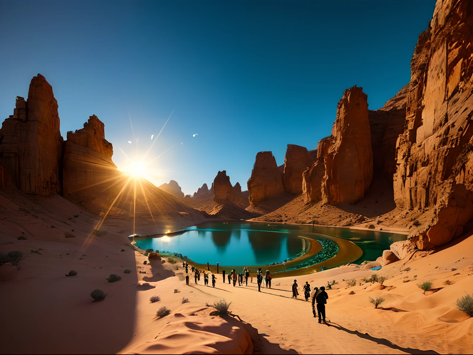 "（The best premium resolution at masterpiece level）Jordan valley，It shows a group of pilgrims walking in the desert，Pass by an oasis with crystal clear spring water，（Many pilgrims stand by the spring to rest：1.5），Desert plants and cacti，There is plenty of light during the day when the sun is shining，Showcase vibrant colors and ultra-detailed scene visuals。"