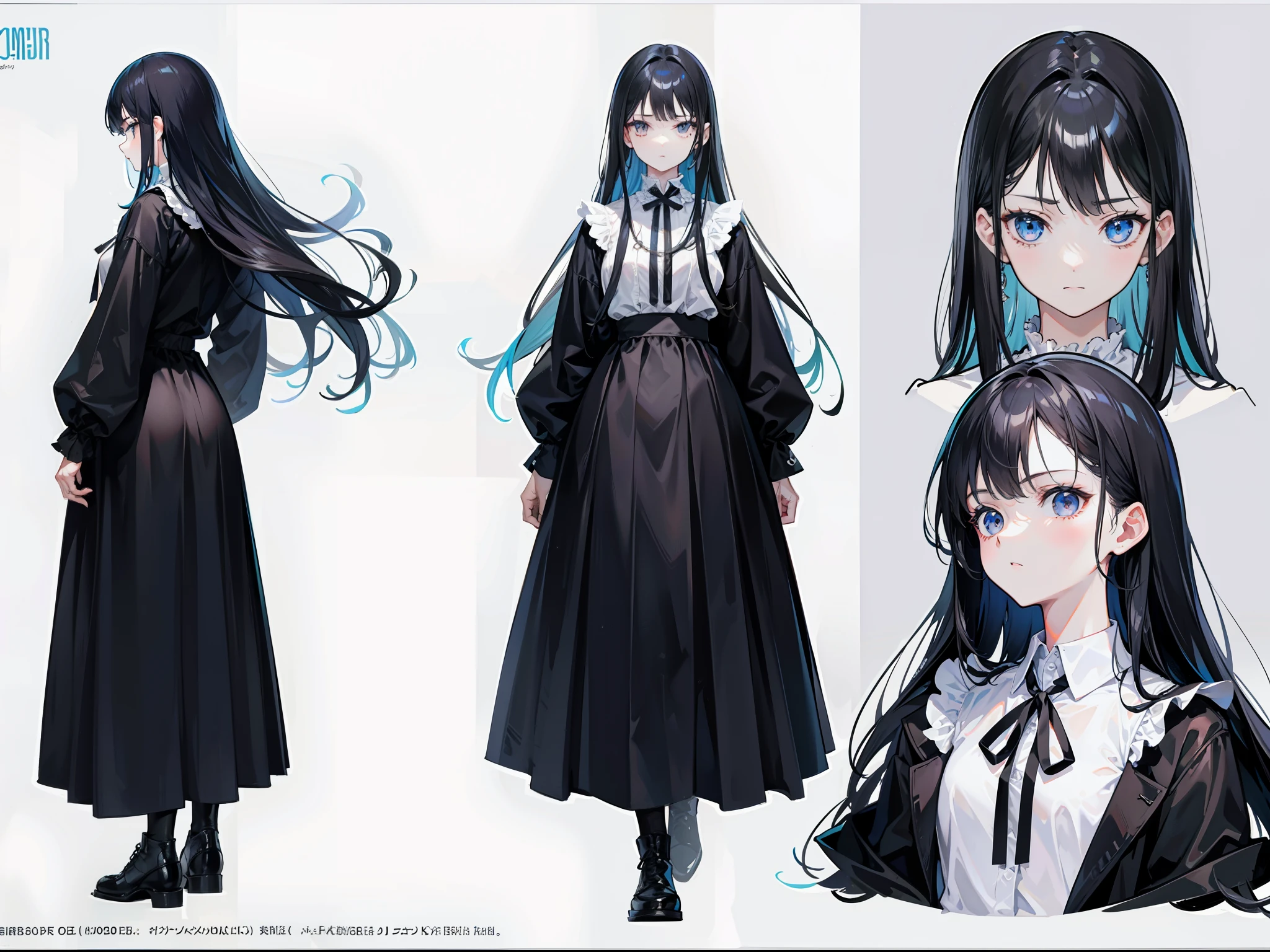 Masterpiece, Highest quality)), Detailed face, character sheets, full body, Full of details, Multiple poses and expressions, front view,side view,backview, character sheet,Highly detailed, Depth, Many parts,the girl with black hair,Thin stature,hair messy,Long hair,Small face,emaciated,white oversized shirt long sleeve,scruffy,free fall hair long,The face is gloomy,emaciated,The chest is extremely small
