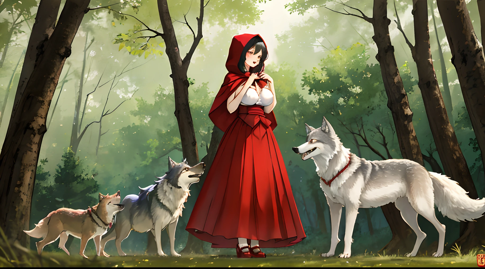 hightquality、Photo quality、Little Red Riding Hood、1womanl、huge tit、in woods、Wolf on the side、