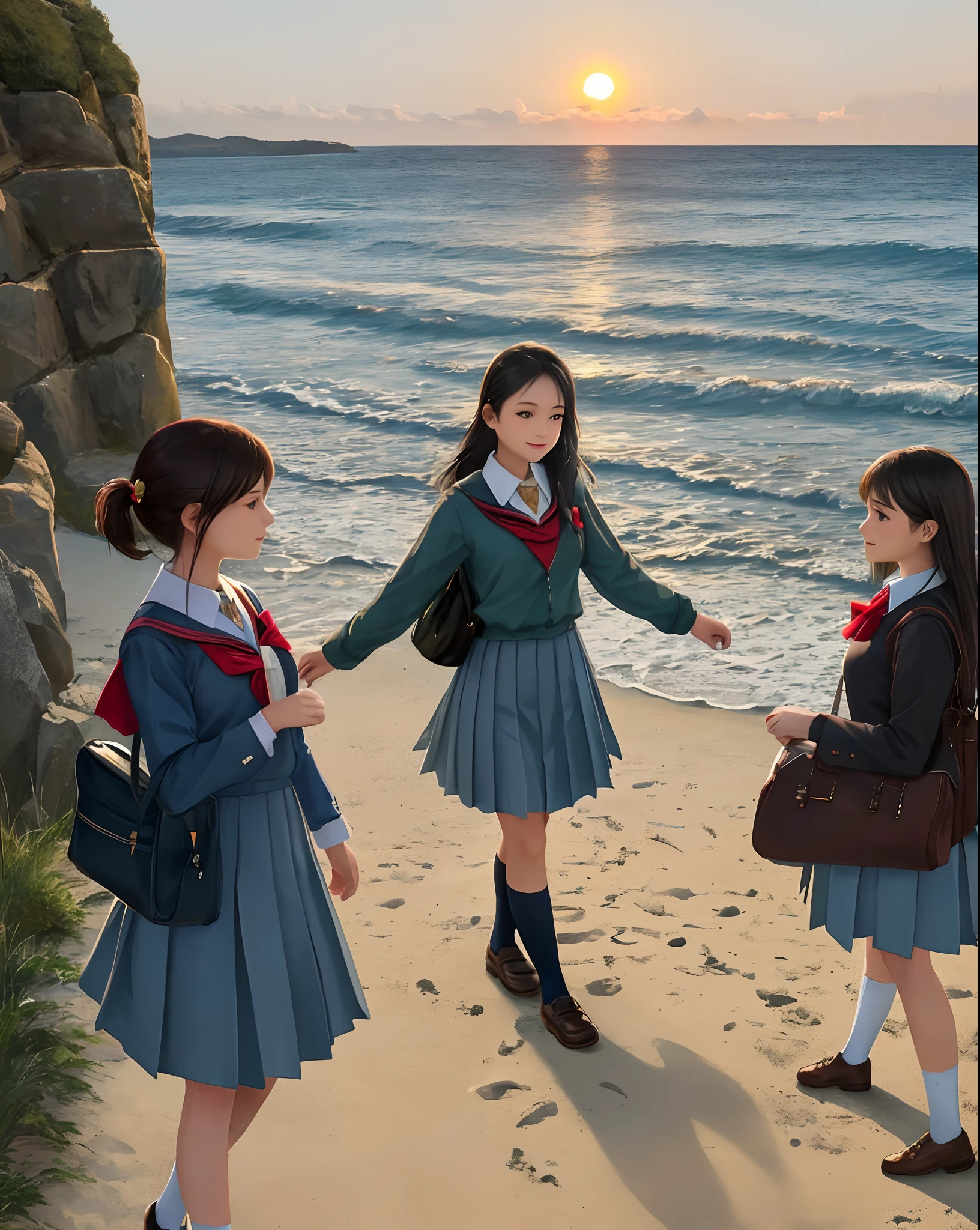 girls,sea beach,setting sun,period costume