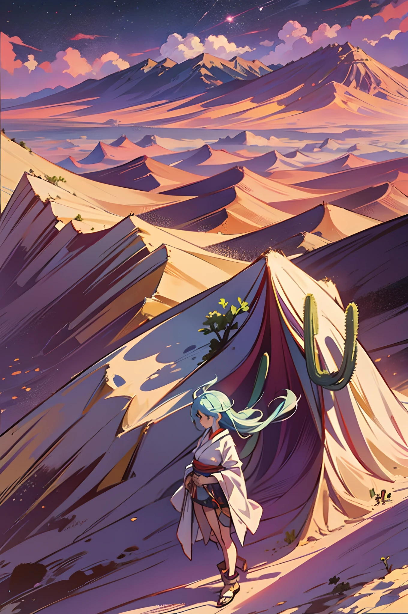 "A solitary Japanese girl, gracefully exploring a boundless desert expanse, enveloped by majestic sand dunes and towering cacti."