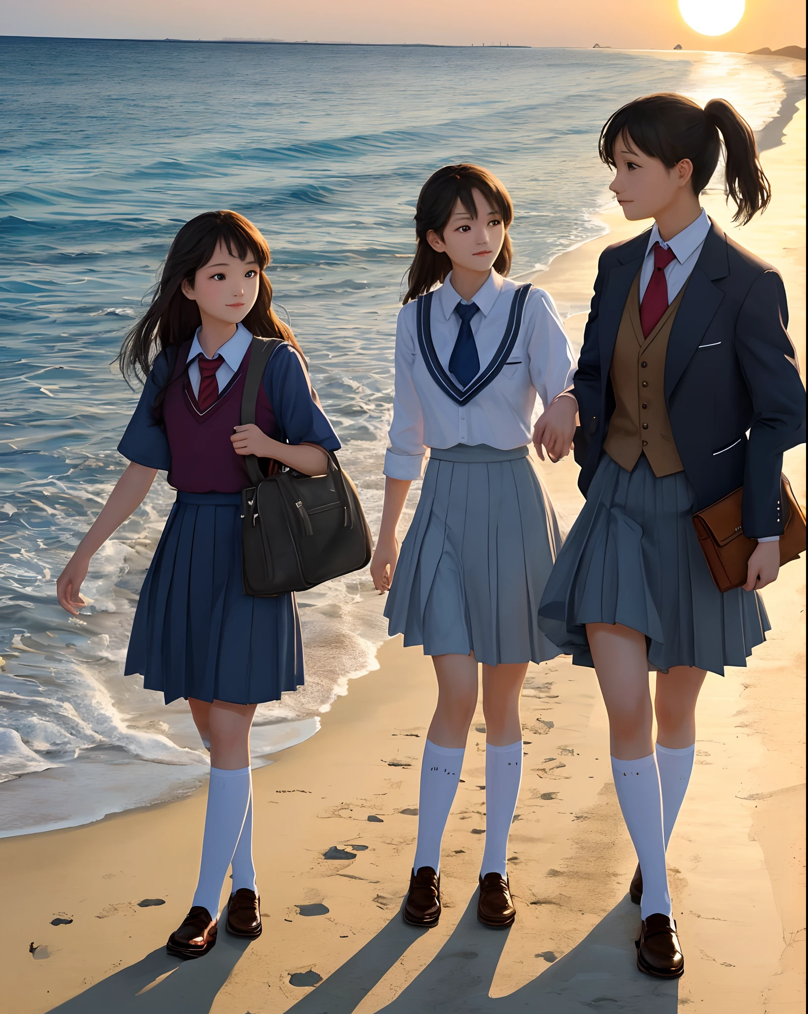 girls，sea beach，setting sun，period costume