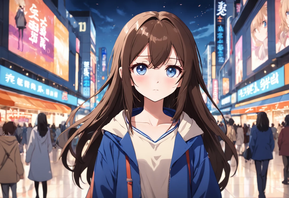 Cartoon girl with long brown hair and dark blue eyes, front photo, wearing fashionable clothes, shopping in a modern mall, the background is blurred, the details are rich, the style is anime fate, telephoto lensens
