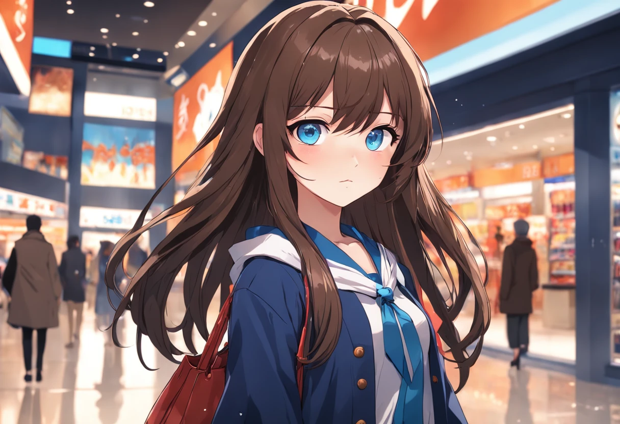 Cartoon girl with long brown hair and dark blue eyes, front photo, wearing fashionable clothes, shopping in a modern mall, the background is blurred, the details are rich, the style is anime fate, telephoto lensens