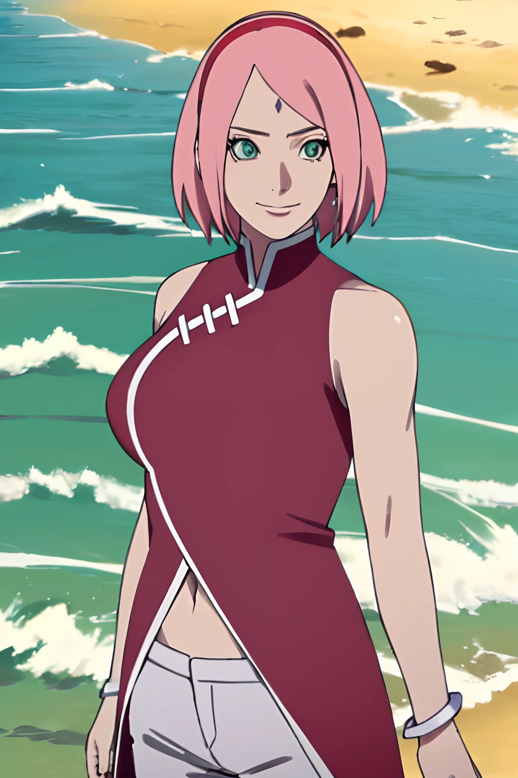 masterpiece, 1k, portrait, face shot, professional artwork, detailed beach background, intricate details, colorful, digital blending, (ultra detailed body, ultra detail hair, ultra detail face), trending on pixiv, kind smile, very hot color, best quality, anime style: 1.9, 1girl, hires, haruno sakura, (forehead mark, milf, red hairband, pale skin, short hair, ((red sleeveless dress), white pants), navel, groin, bracelet, pink hair, green eyes, smile, beach, wind, floating hair, detailed arms, off-shoulders, slightly muscular arms, standing)