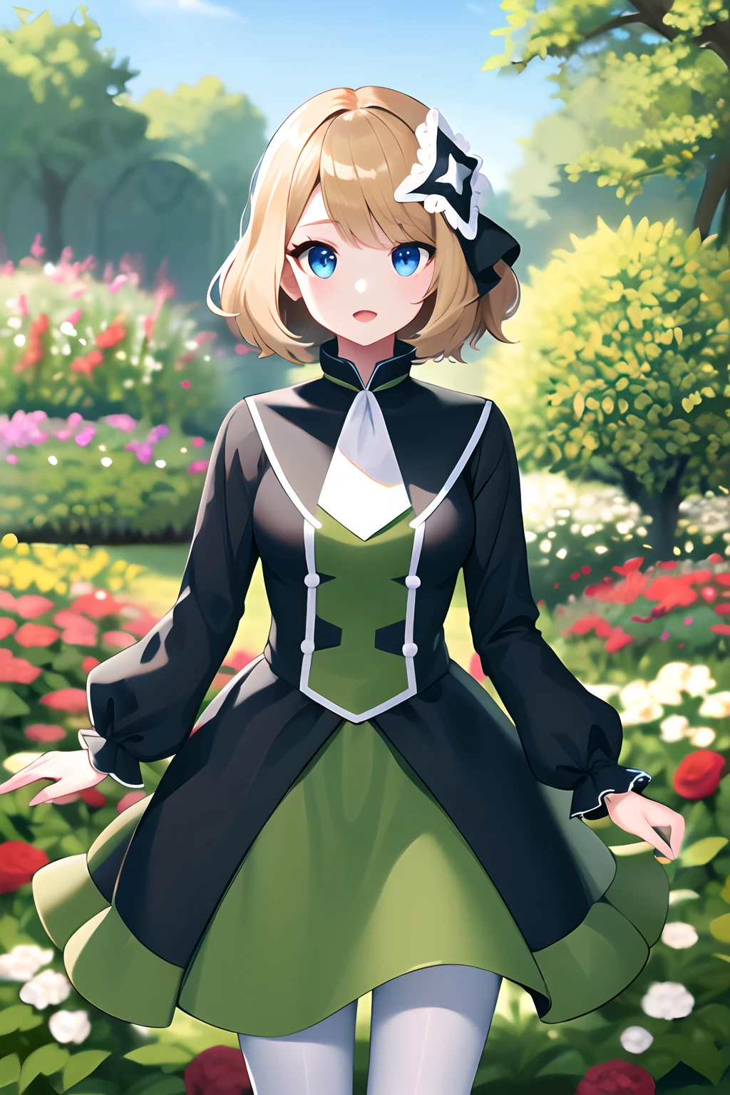 masterpiece, best quality, highres, serena \(pokemon\), short hair, blue eyes, 1girl, solo, white pantyhose, hair ornament, long sleeves, blue eyes, bangs, ribbon, multicolored_dress, black dress, green dress, hair ribbon, white ascot, black ribbon, town, garden, stading,