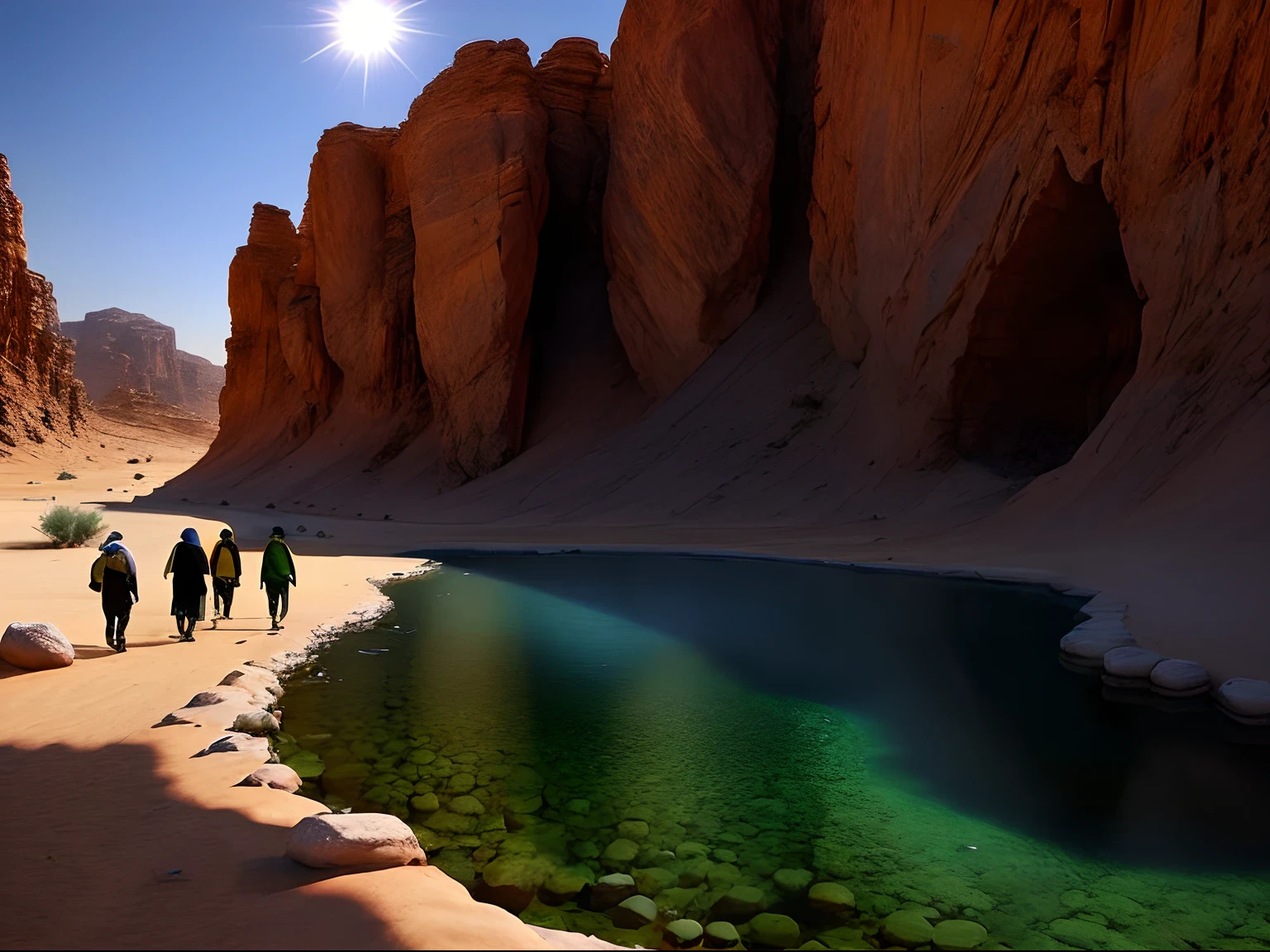 "(The best premium resolution at masterpiece level)Jordan valley,It shows pilgrim groups walking through the desert,Pass by an oasis with crystal clear spring water,(Many pilgrims stand by the spring to rest:1.5),Desert plants and cacti,There is plenty of light during the day when the sun is shining,Showcase vibrant colors and ultra-detailed scene visuals。"