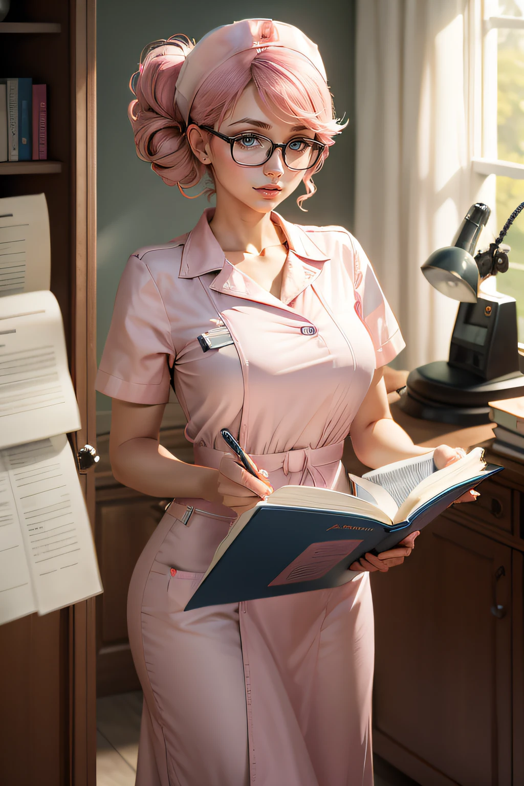 Beautiful British pink nurse dress medical record book haircut head glasses without background