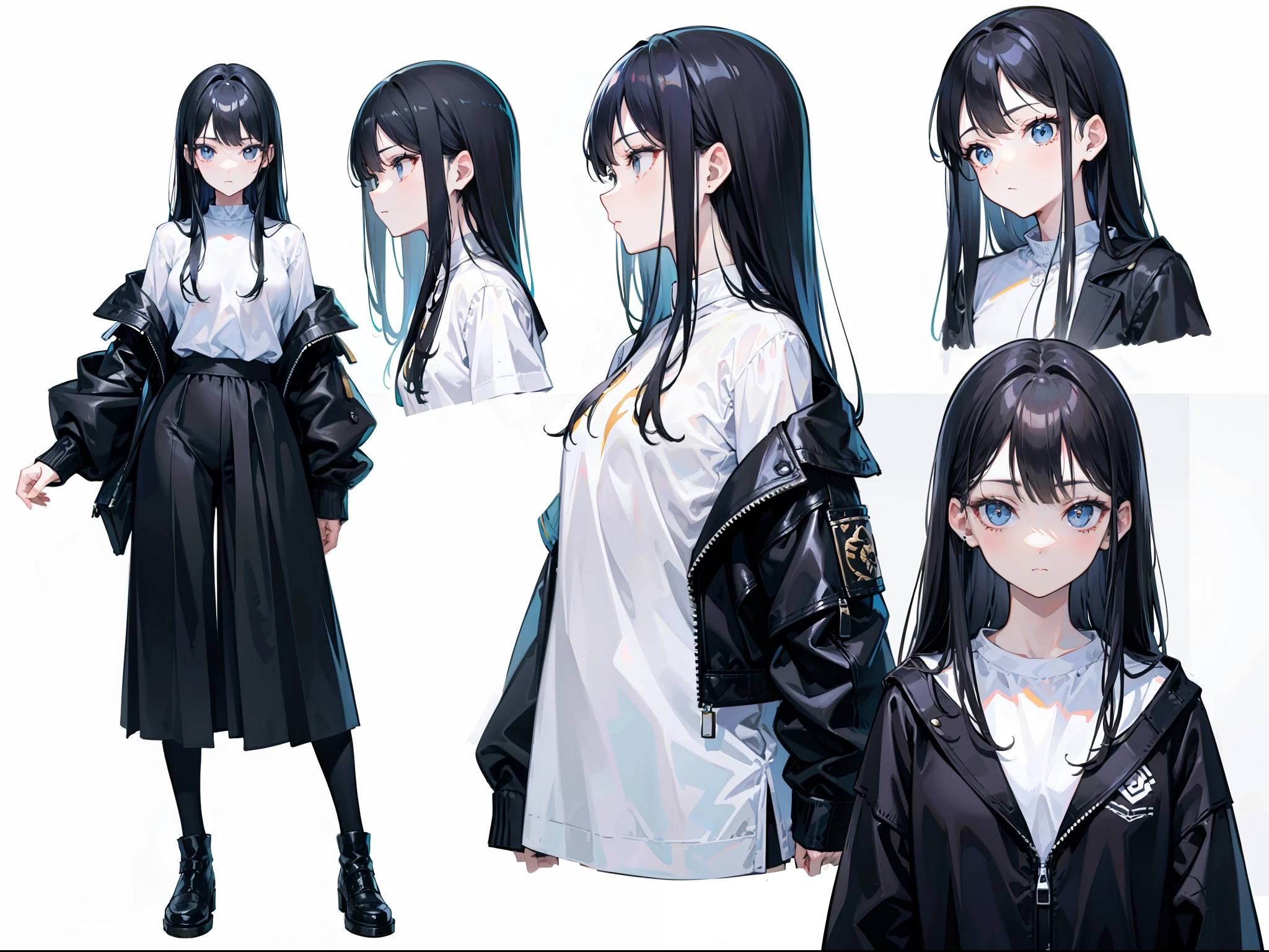 Masterpiece, Highest quality)), Detailed face, character sheets, full body, Full of details, Multiple poses and expressions, front view,side view,backview, character sheet,Highly detailed, Depth, Many parts,the girl with black hair,Thin stature,hair messy,Long hair,Small face,emaciated,white oversized shirt long sleeve,scruffy,free fall hair long,The face is gloomy,emaciated,The chest is extremely small