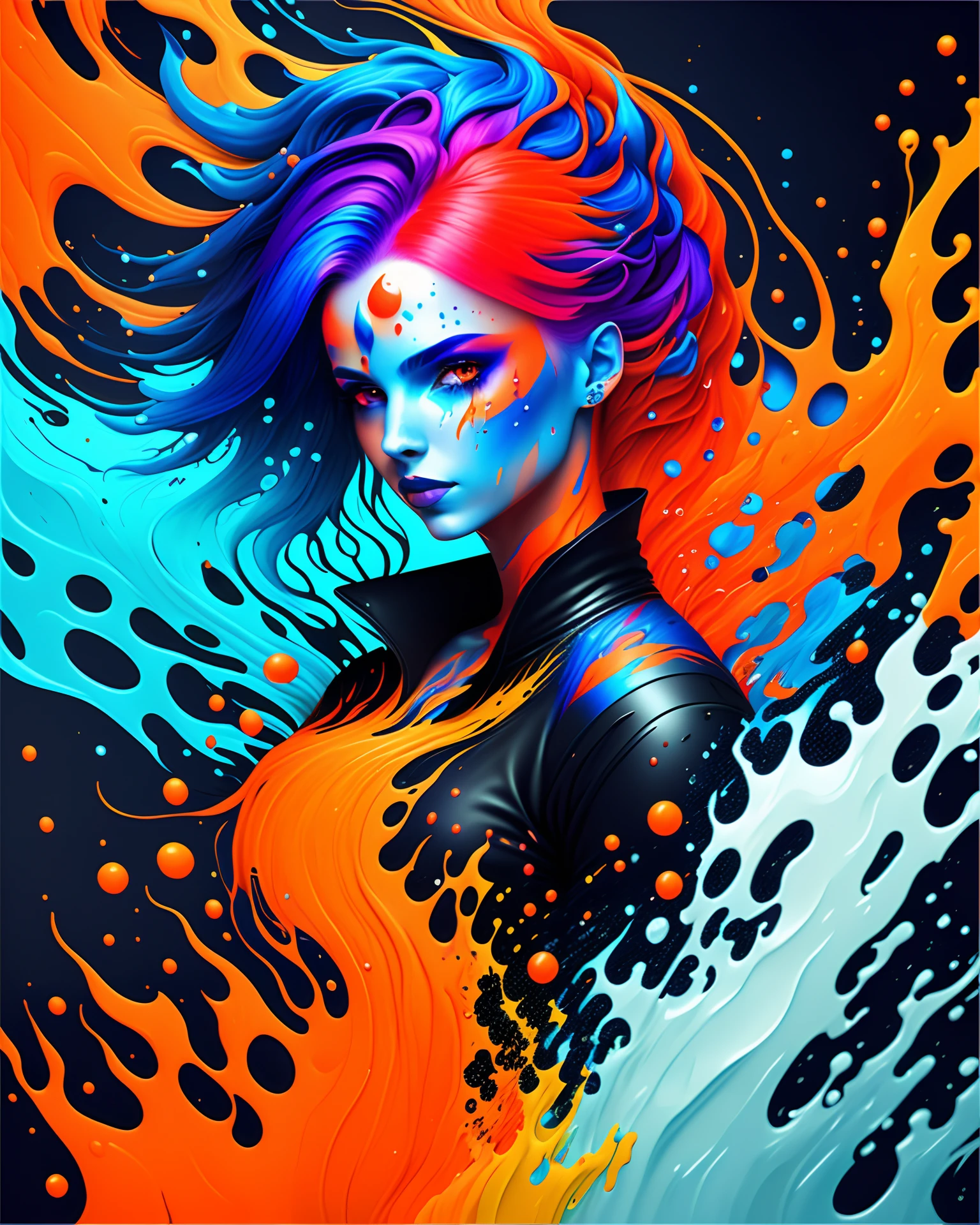 a painting of a Angelina joile with colorful hair, fantasy game spell icon, splashes of liquid, computer game art, hyperdetailed colourful, fantasy colours, avatar image, strong blue and orange colors, beautiful avatar pictures, body painted with black fluid, digital art h 9 6 0, rich colourful