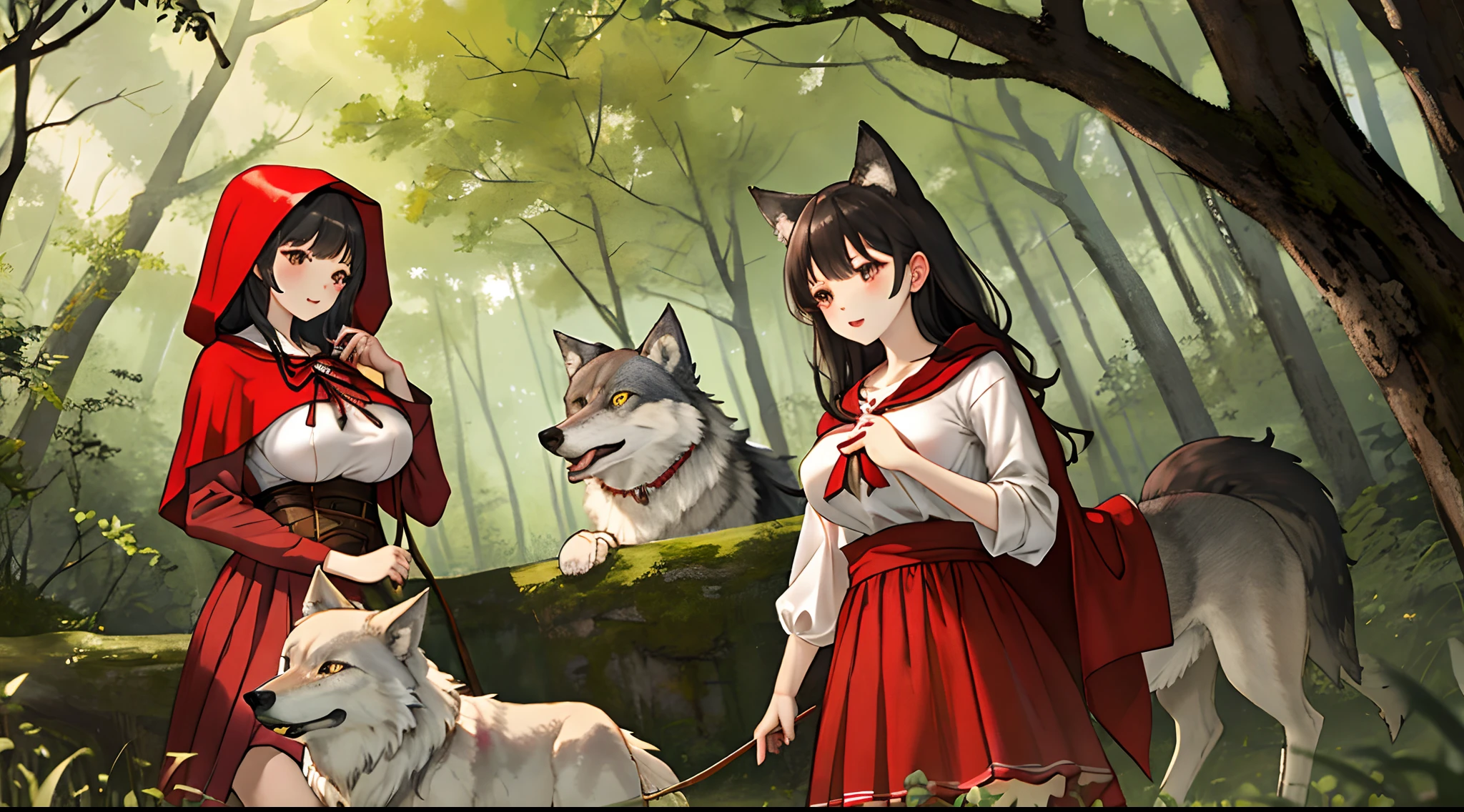 hightquality、Photo quality、Little Red Riding Hood、1womanl、huge tit、in woods、Wolf on the side、