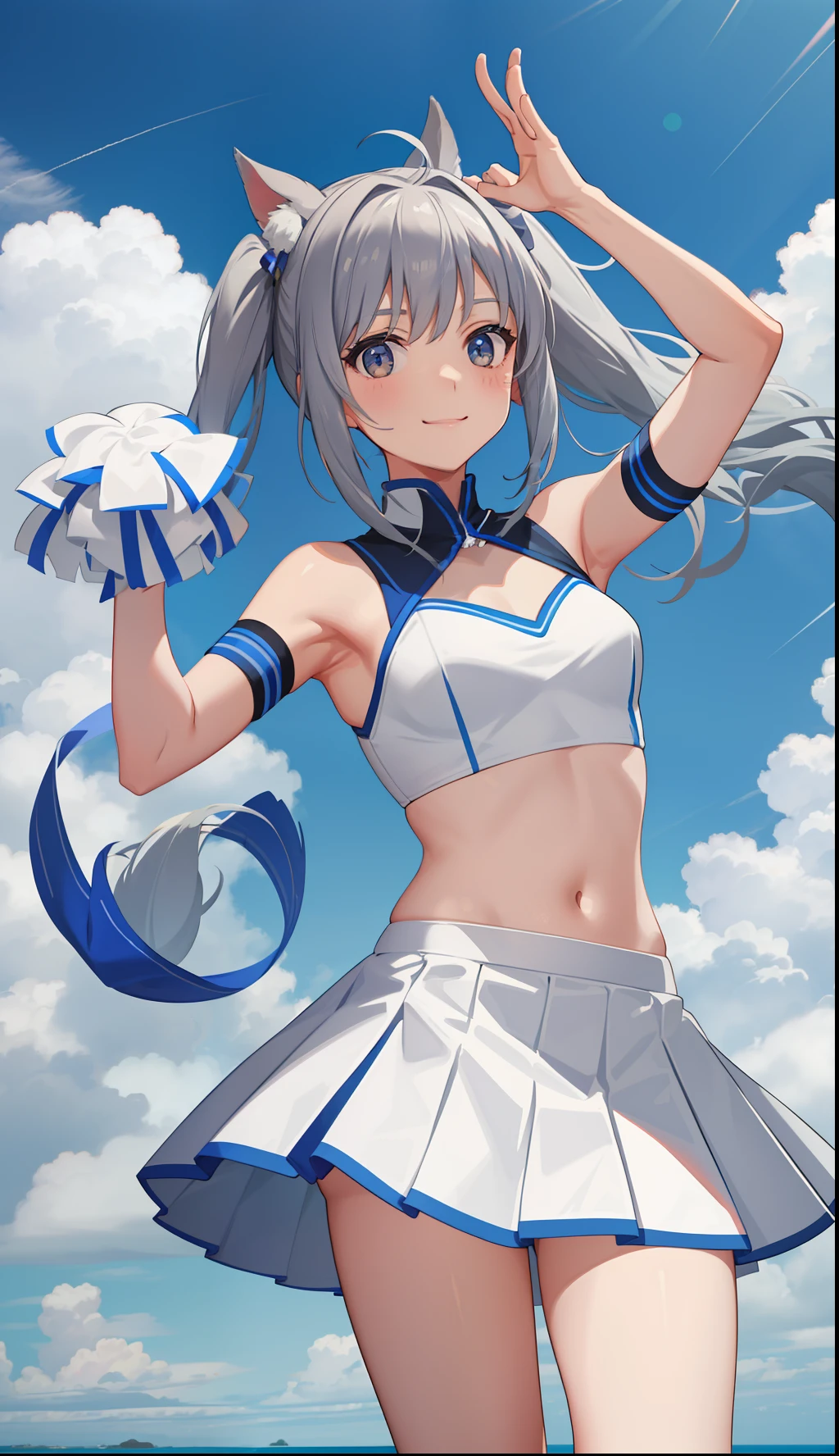 1girl in、A smile、cheering party、a miniskirt、cheerleaders、poneyTail、((small tits))、White costume、