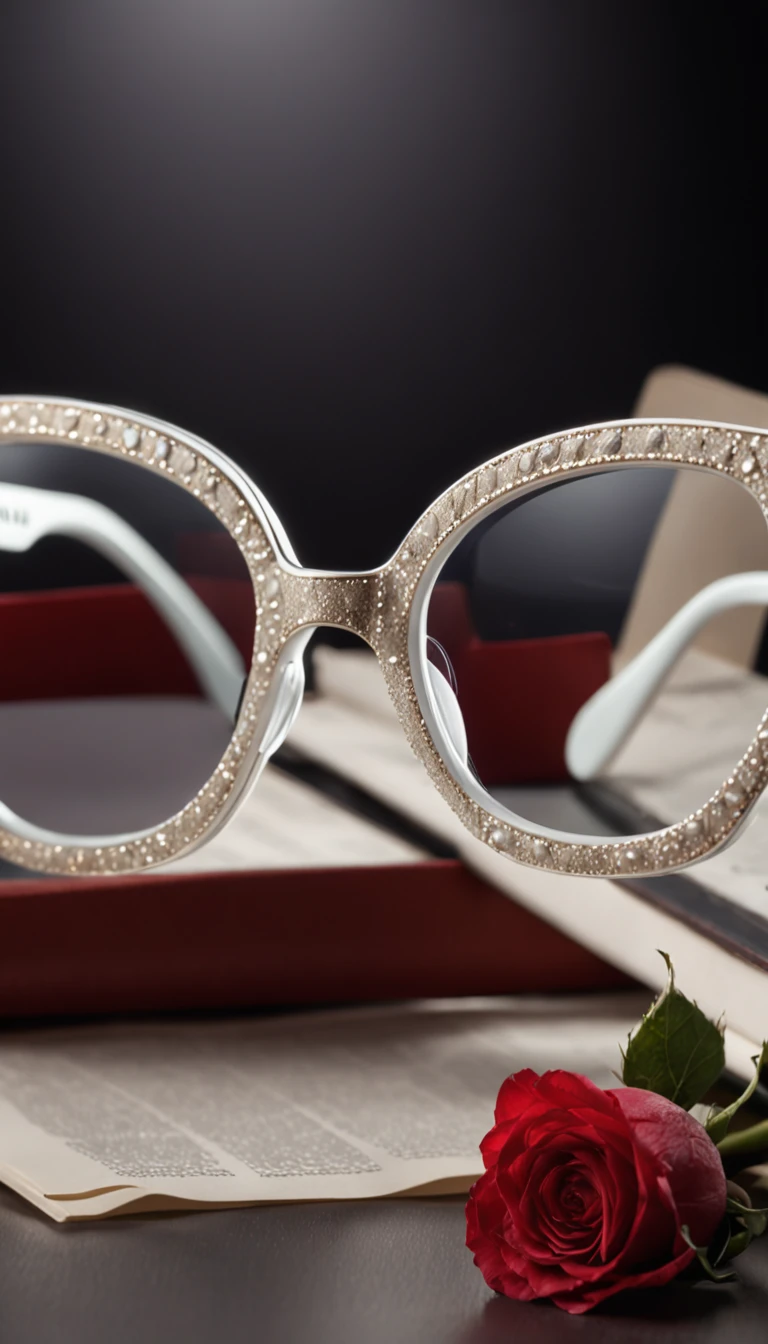 a white sun-glass product photography with a dark background on a desk, soft smoke in the air, red blade roses around of the product, product photography