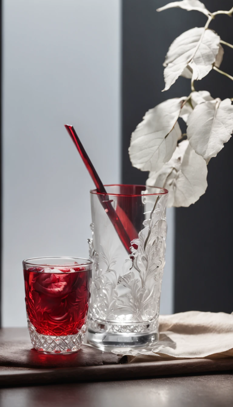a white sun-glass product photography with a dark background on a desk, soft smoke in the air, red blade roses around of the product, product photography