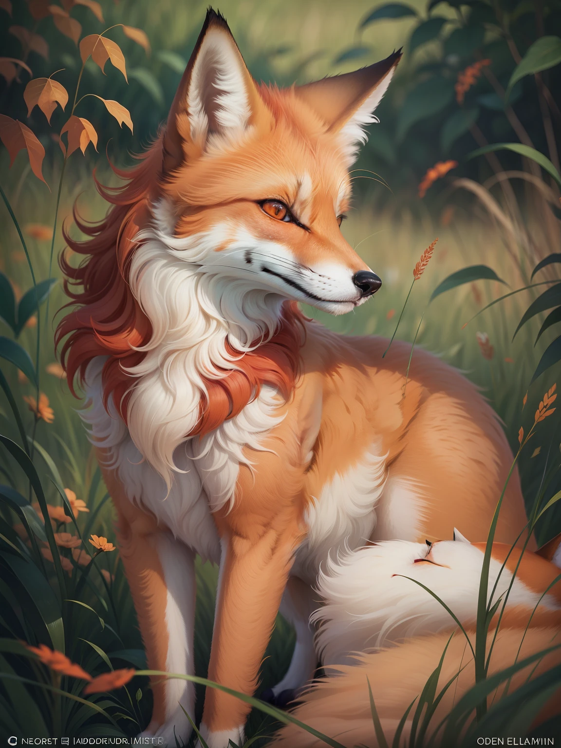 A Red Fox, only two legs visible only one nose two identical perfect eyes symmetrical, only two ears, sitting in the high grass, in the style of Joni Johnson Godsyn Hepler